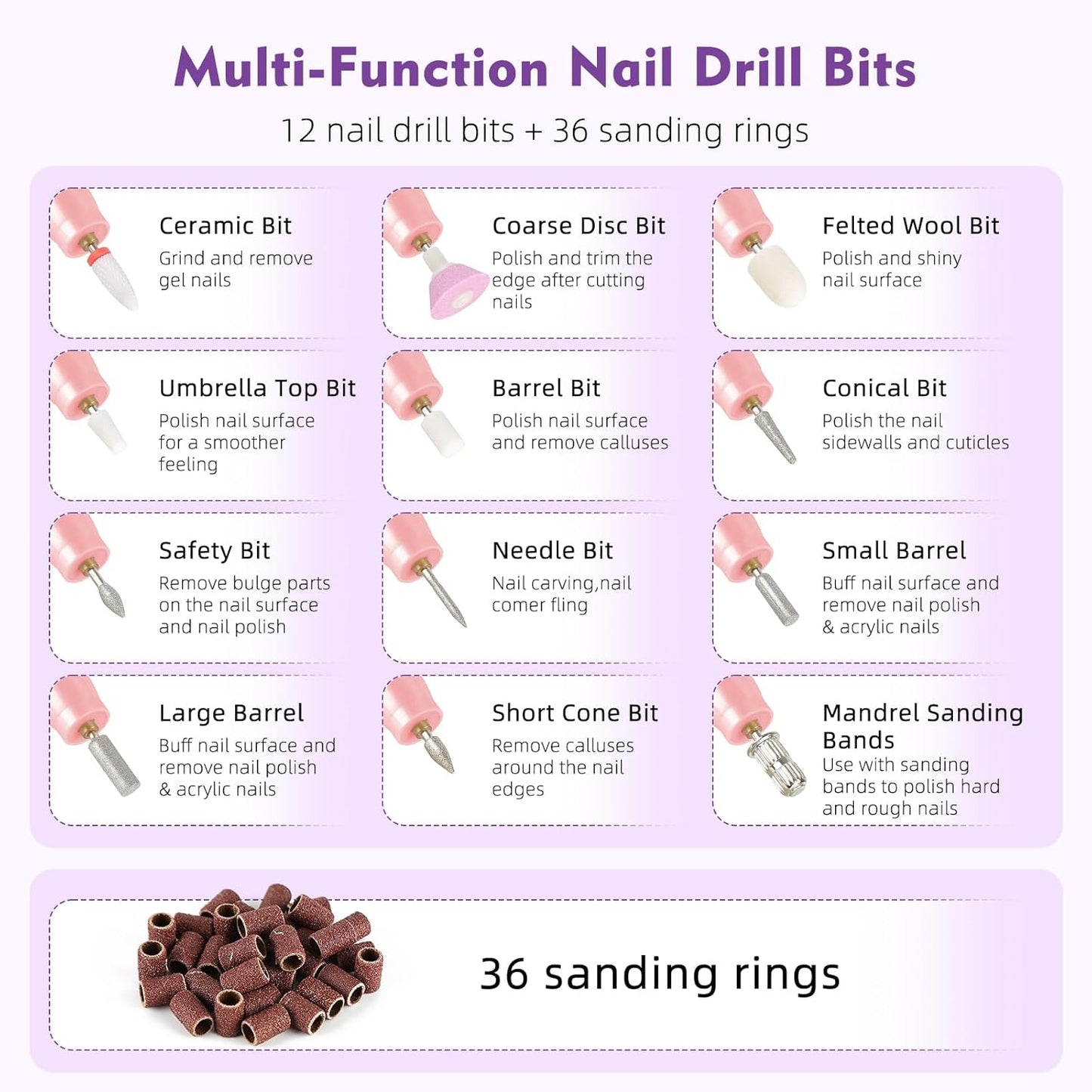 Electric Nail Files Cordless Rechargeable Nail Drill Machine for Natural Acrylic Gel Nails Professional Portable Efile Manicure Pedicure Kit for Girl Women Mum Home Use Beginners (Pink)