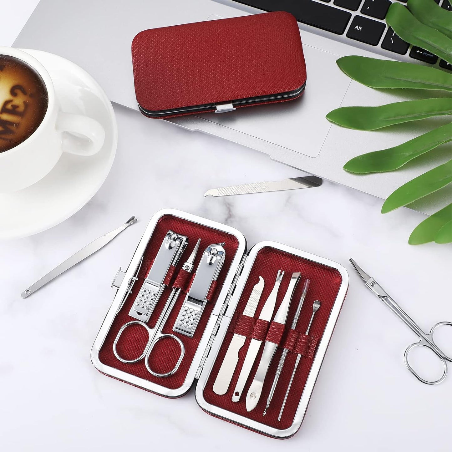 Geosar 12 Sets Manicure Set Nail Clippers Pedicure Kit 8 in 1 Grooming Stainless Steel Kits Nail Care Tools with Travel Case Xmas Gifts for Men Women(Wine Red)