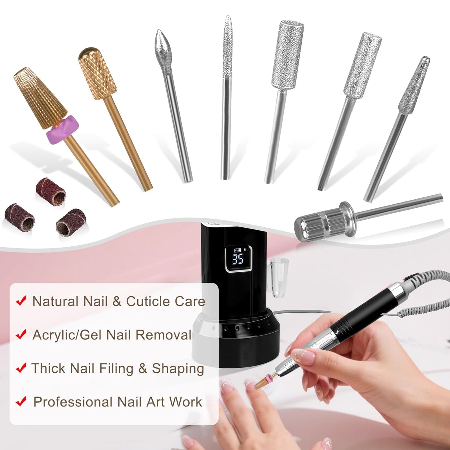Professionl Nail Drill, 80w Brushless Pro Electric Nail Drill 35000rpm HoMove Cordless Nail Efile, High Torque, Quiet & Vibration-Free Electric Nail File for Nail Technicians,Home DIY (Black)