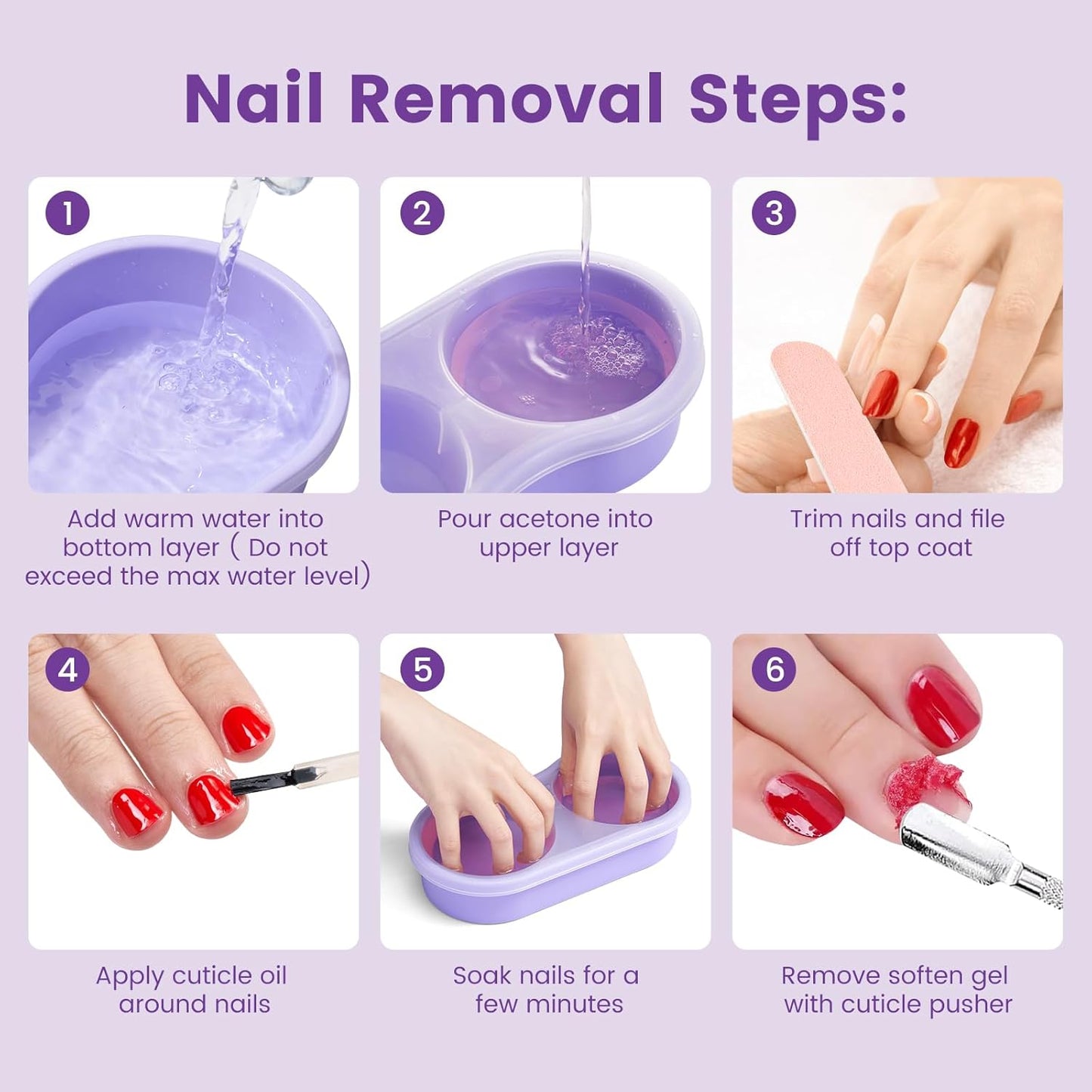 Quaferen Dual Nail Soaking Bowl: 3nd Generation 2-in-1 Manicure Bowl Acetone Proof for Women, Time-Saving Soak Off Gel Nail Polish Dip Powder Acrylic Removal Kit for Salon Home (Normal Size,Purple)