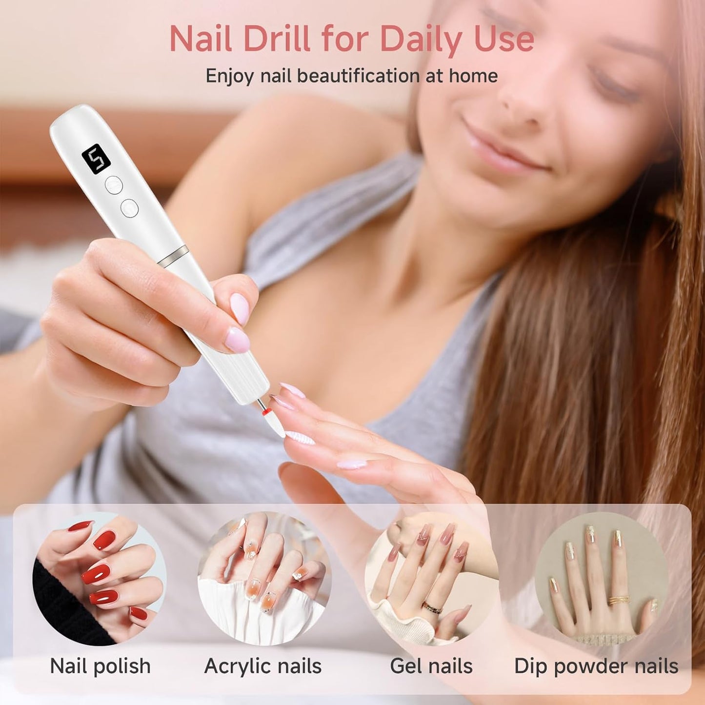 Electric Nail Filer, Professional Nail Drill Kit, Electric Nail Drill Kit, Portable File for Acrylic Gel Nails, Cordless Nail File Electric Manicure Pedicure Tools with Drill Bits for Home Salon