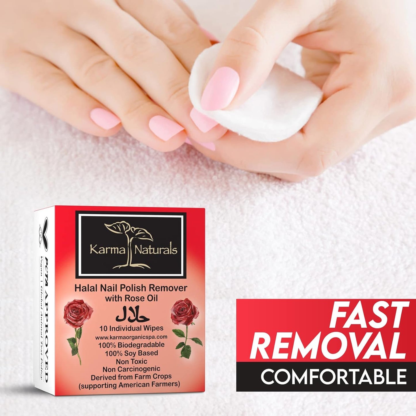 Karma Halal Nail Polish Remover Wipes with Rose Oil; Non-Toxic, Vegan, Cruelty-Free – Pack of 10