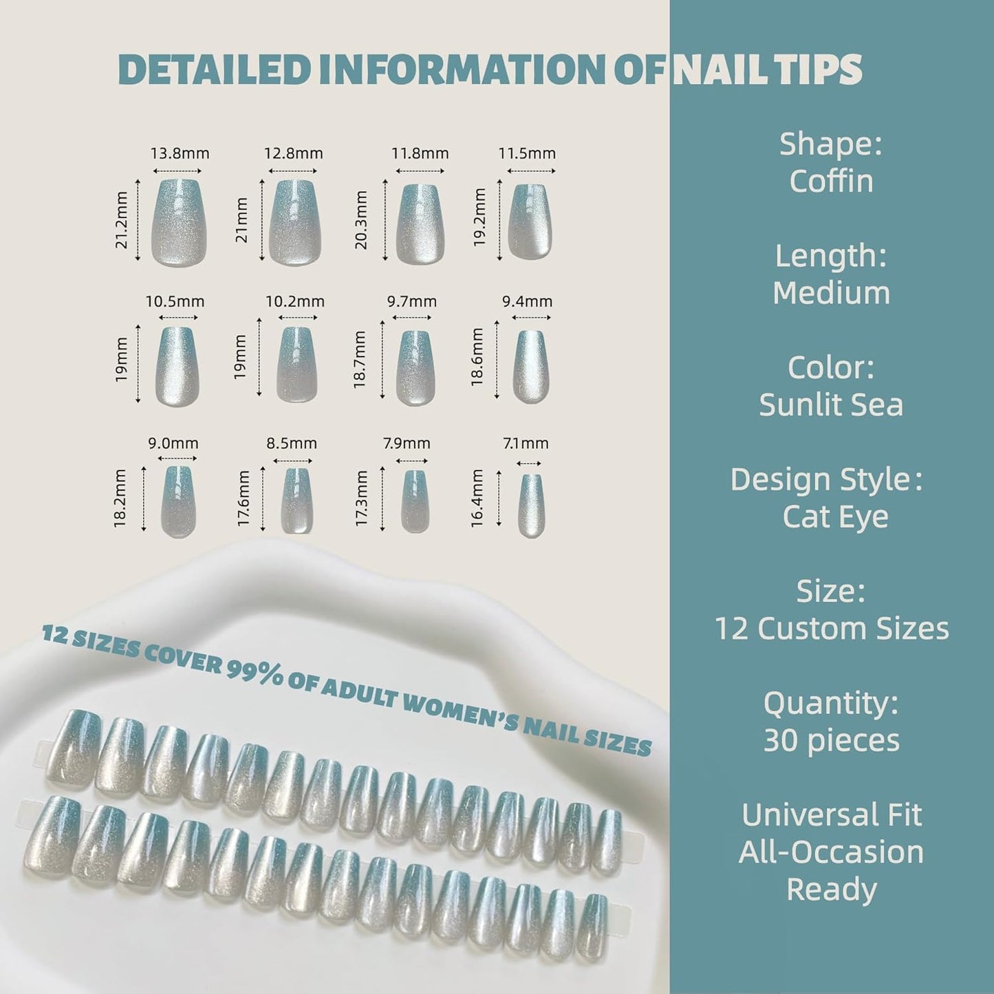 Press on Nails – 30PCS Medium Coffin Cat Eye Fake Nails with 12 Sizes – Gradient Blue Green Glossy Nails for Women – Reusable Glue-On Nails for All Occasions