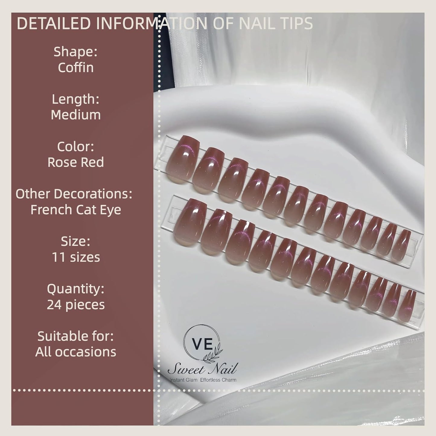 Mauve Pink Press On Nails Coffin Medium – 24pcs Cat Eye French Fake Nails with Nail Glue, Adhesive Tabs & Tools – Soft Fit Back, Durable Tip, Reusable Glossy Stick On Nails for Women