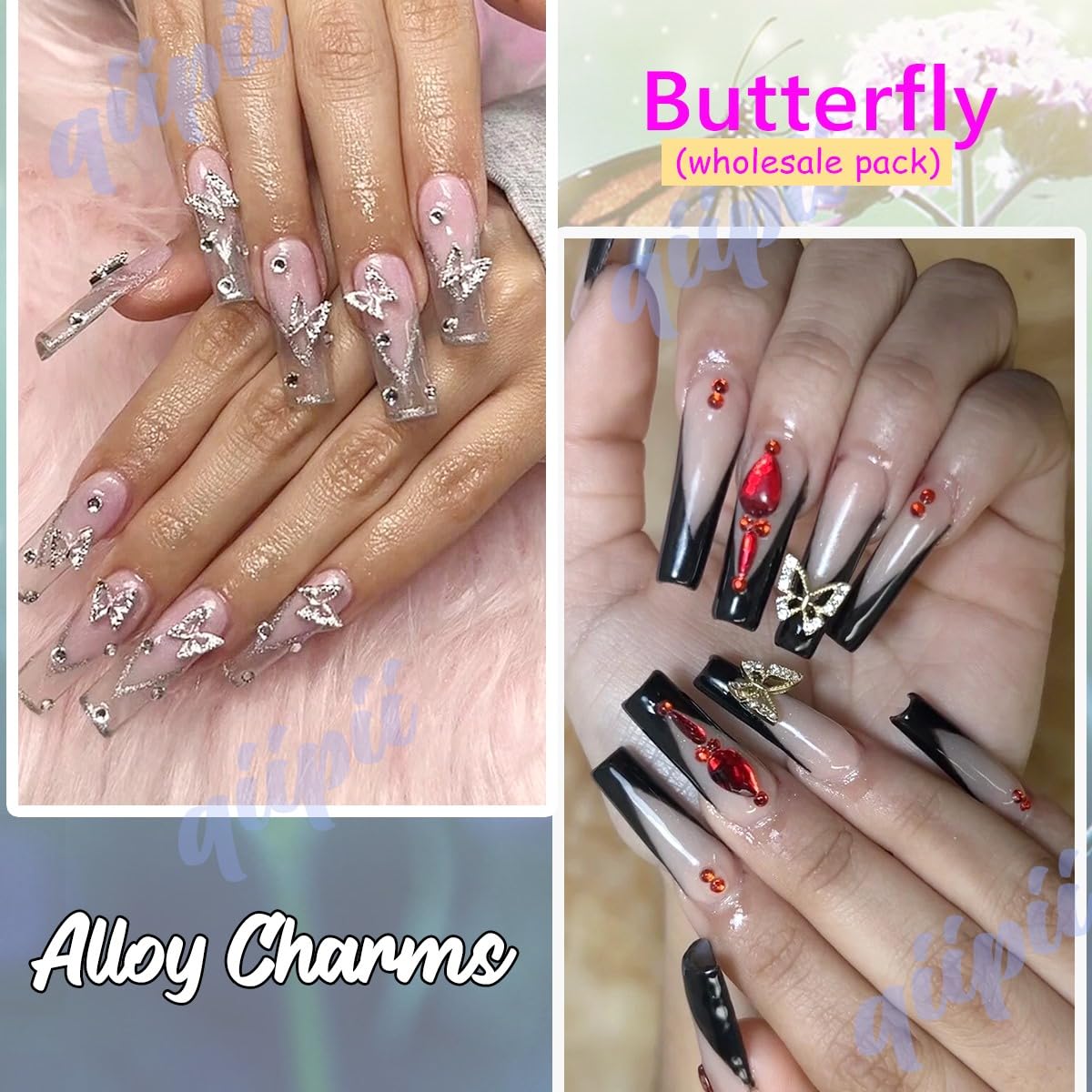 180pcs Silver 3D Butterfly Nails Charms Bulk for Acrylic Nails Art Jewels Decor Supplies