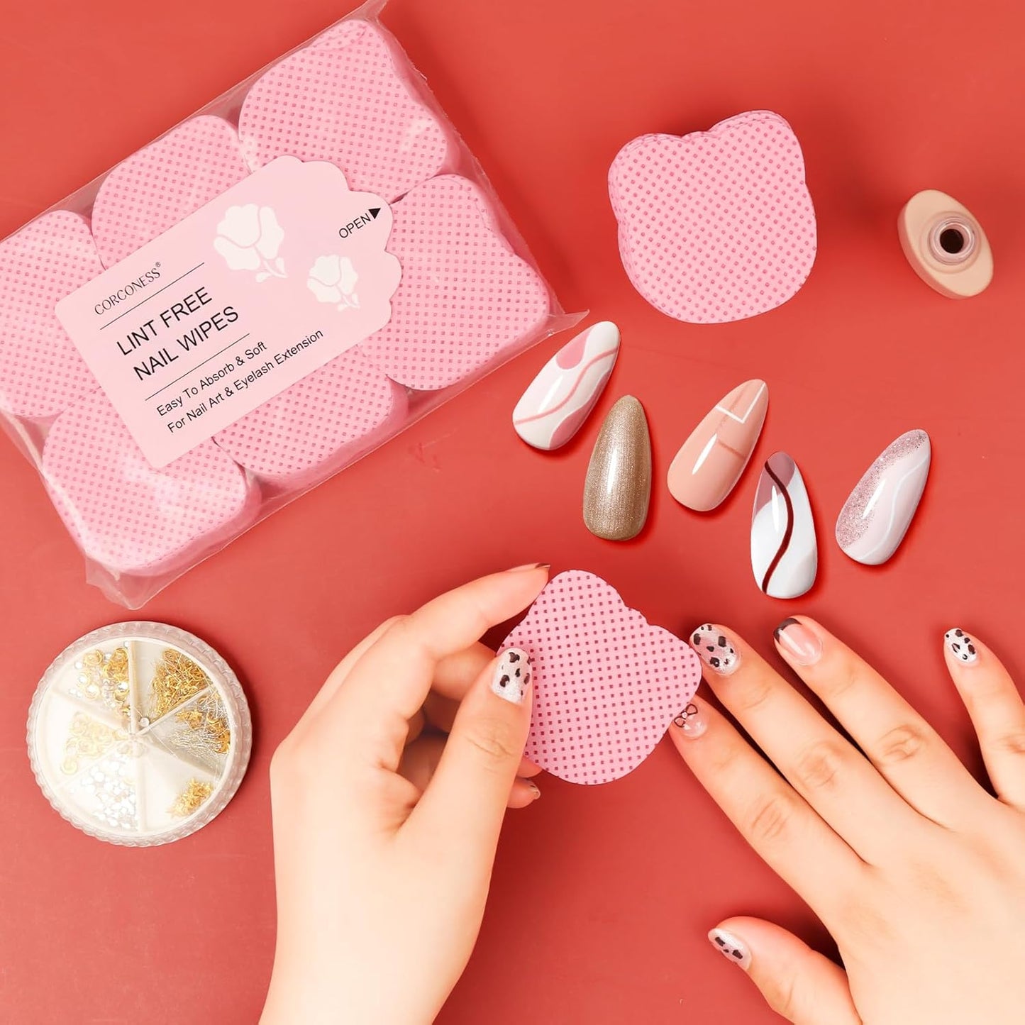 Lint Free Nail Wipes 1200PCS Cute Bear Head Shape Non-Woven Nail Polish Remover Wipes No Lint Cleaning Wipes Pink Soft Nail Wipes Nail Stuff Dry Pads For Nail Art & Eyelash Extension