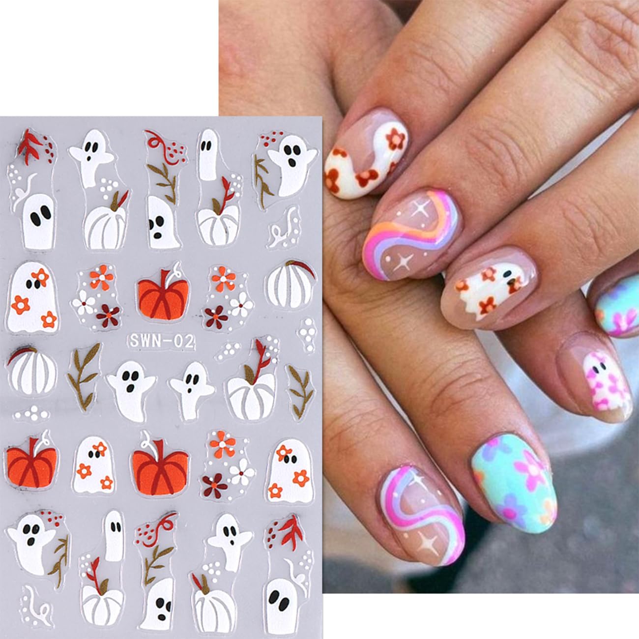 6 Sheets Halloween Nail Art Stickers,3D Cute Nail Decals White Ghost DIY Nail Tips Sticker for Halloween Party, Skull Pumpkin Star Ghost Bat Spider Web Self-Adhesive Designs Manicure Decorations