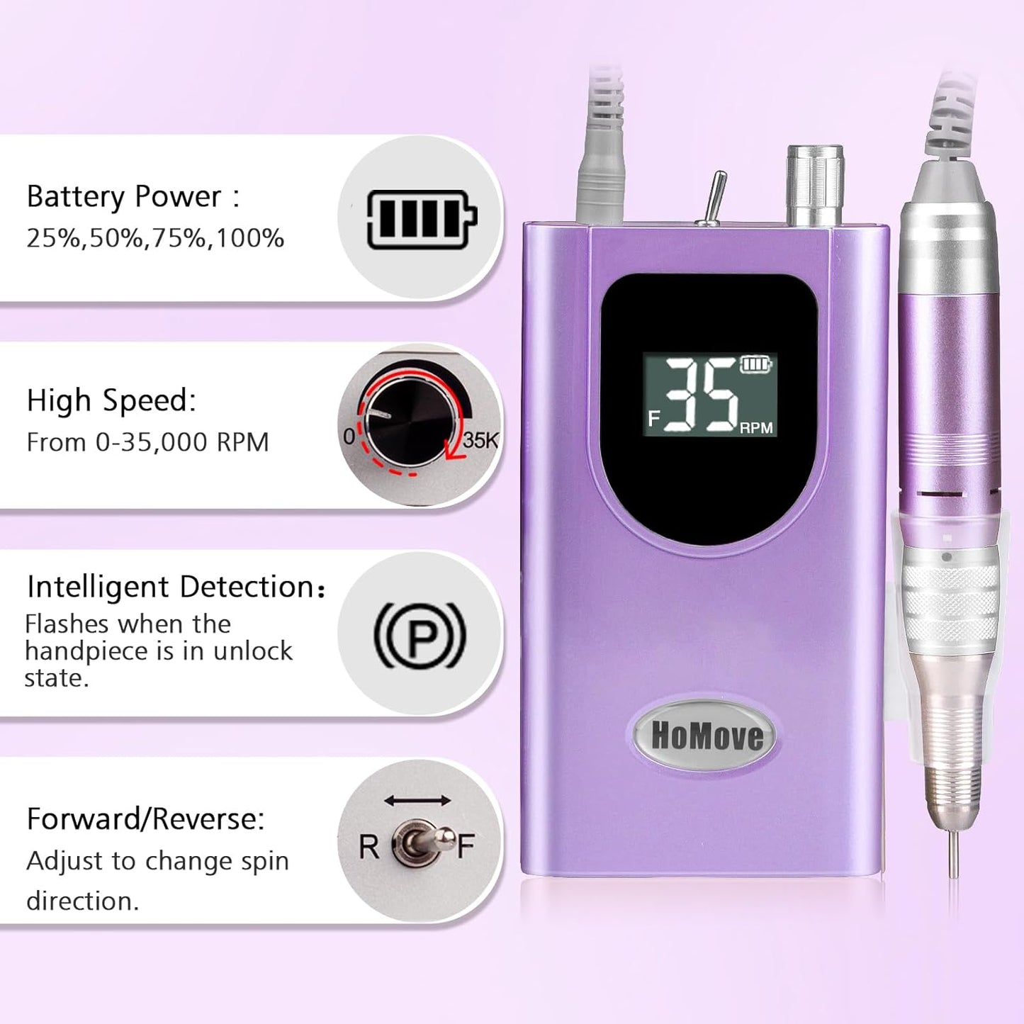 35000RPM Portable Nail Drill Machine, HoMove Professional Nail Drill Machine, Rechargeable Electric Efile Nail Drills for Acrylic Gel Nails, Cordless Portable Nails Drill【Purple】