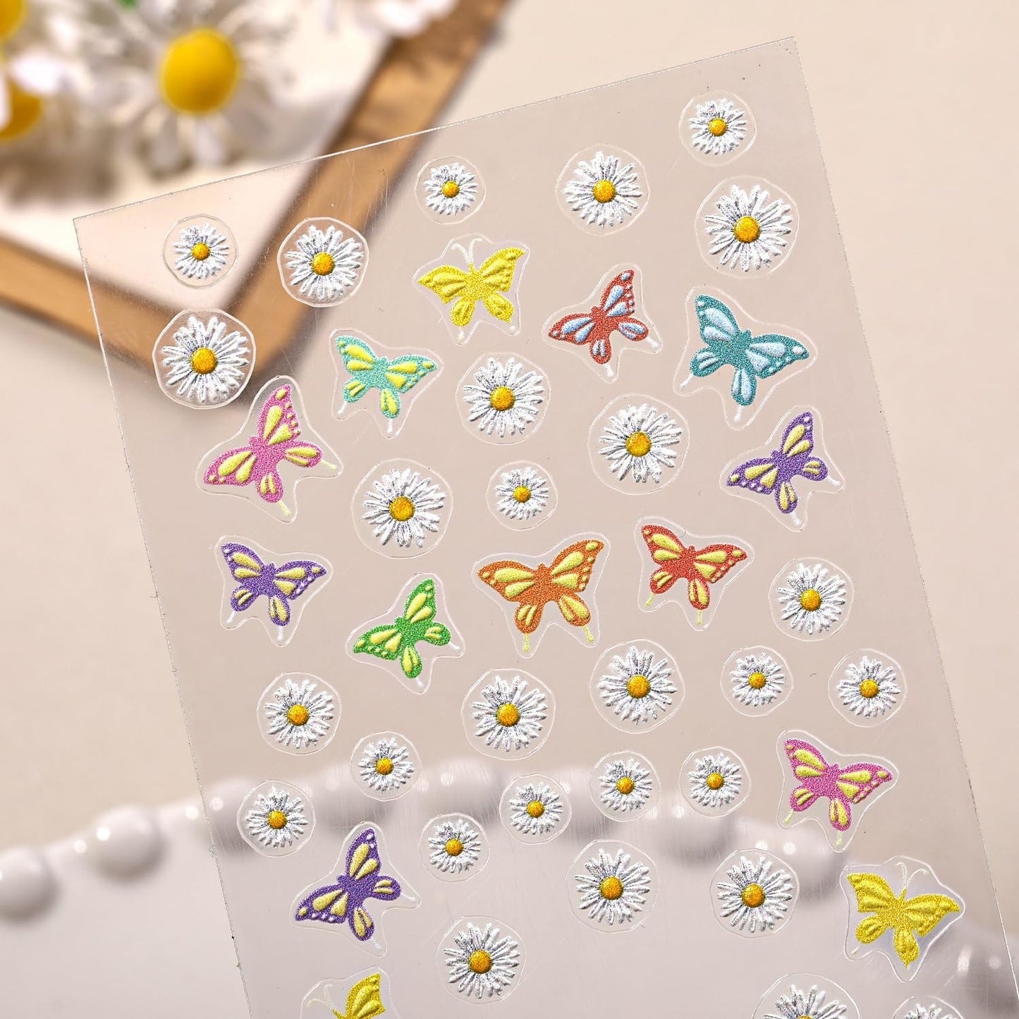 5D Embossed Smiley Face White Daisy Nail Stickers - Floral Face Nail Art Decorations for Manicure A Set of 2 Sheets