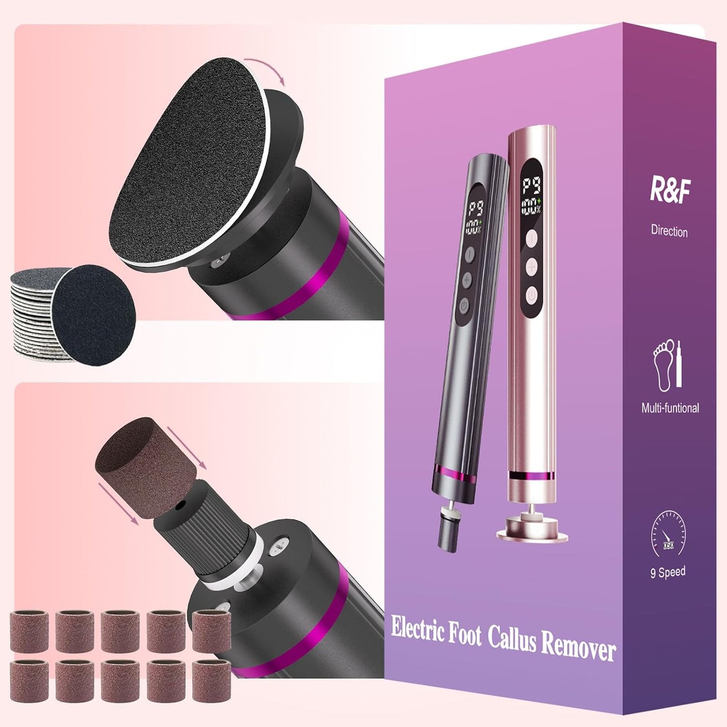 Dermave Electric Foot Callus Remover Cordless, 2 in 1 Wireless Electric Foot File, Adjustable 9 Speed Rechargeable Pedicure Foot Filer Tool w/Sandpaper Discs & Nail Drill Bits, Digital Display (Gray)