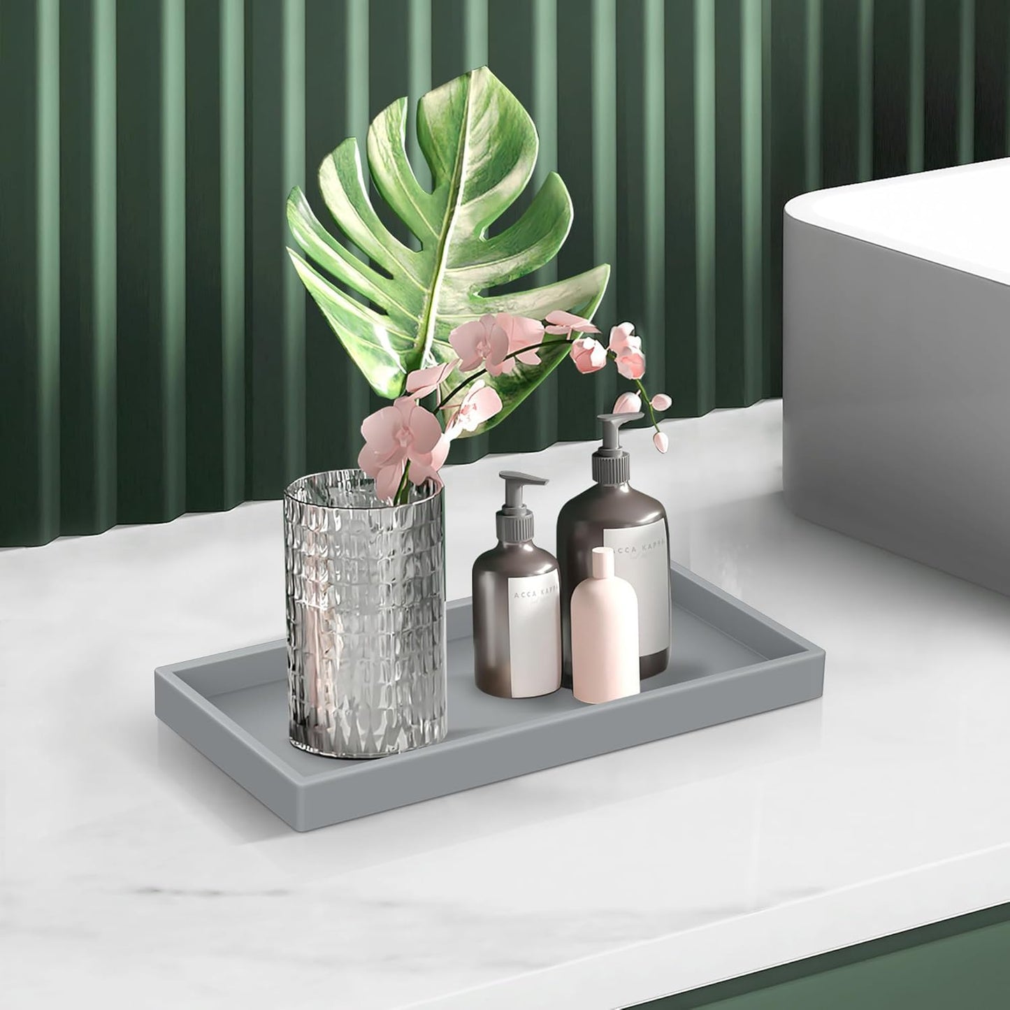 Bathroom Counter Tray,EG-SIPRO High-Grade Thickened Silicone Bathroom Vanity Tray,Shatterproof Durable Rectangle Bathroom Soap Dispenser Tray for Bathroom Countertop,Gray,Small+Large (EGTRAY)