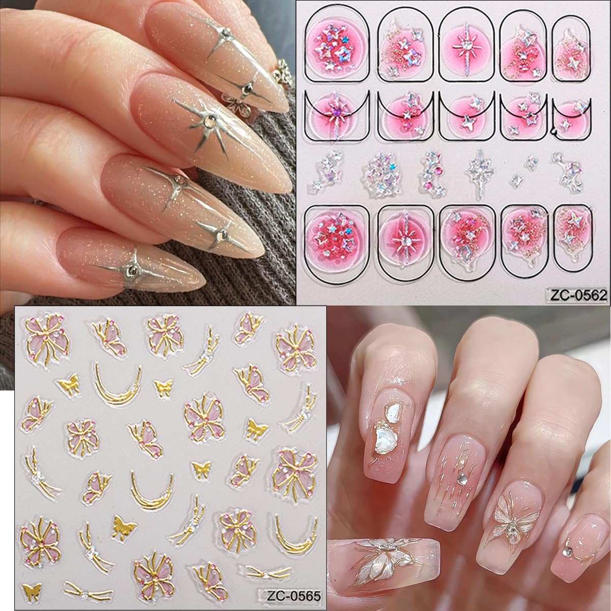 Cute Nail Art Stickers 3D Pink Tulip Flower Nails Decals Glitter Heart Bow Star Nail Stickers Gold Line Butterfly Nails Art Design Sticker Gradient Pink Manicure Supplies Decorations for Women 4Pcs