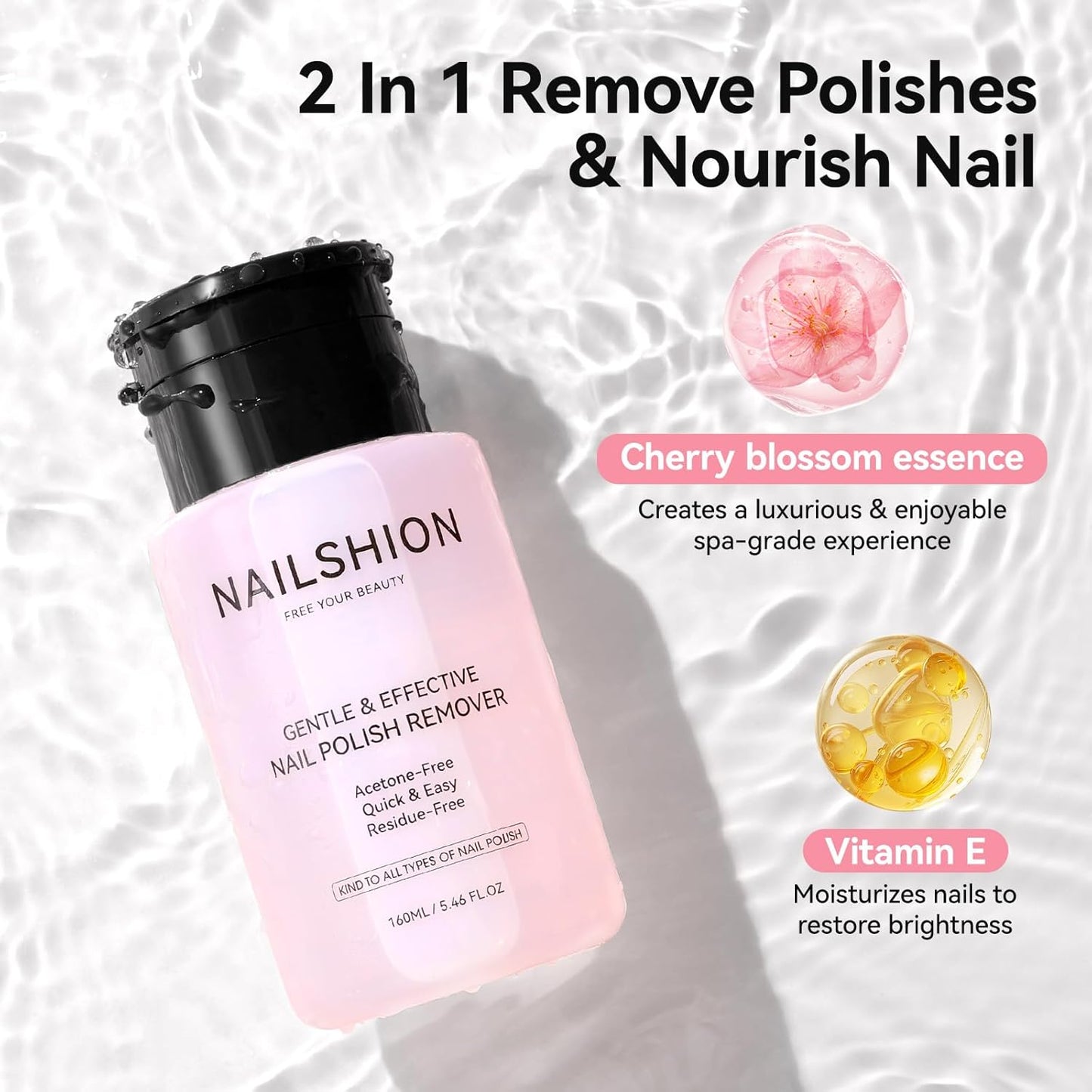 Non-acetone Nail Polish Remover, Cherry Blossom Scent, 3-5s Quick Remove Air Dry Nail Polish, VE Nourish No Drying Out, Refillable One-handed Pump Dispenser, 5.46 Fl oz