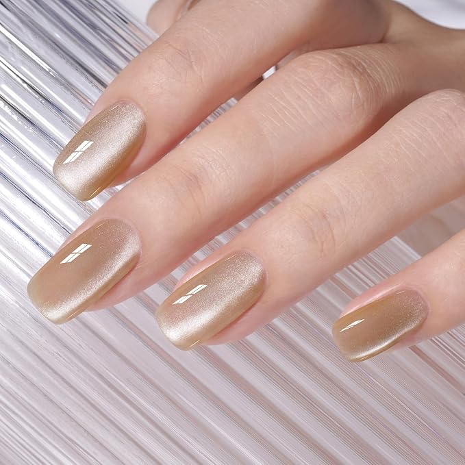 AILLSA Glass Cat Eye Gel Nail Polish, Champagne Glitter Jelly Nude Nail Polish Magnetic Gold Shimmer Sparkle Nail Art U V Gel Salon 0.5 OZ