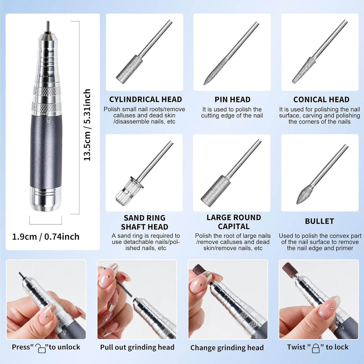 Professional Electric Nail Drill Kit White Portable Rechargeable Cordless Nail File Machine 35000 RPM with 7PCS Bits for Acrylic Gel Powder Nails Polish Pedicure Toenail Tool Salon Set