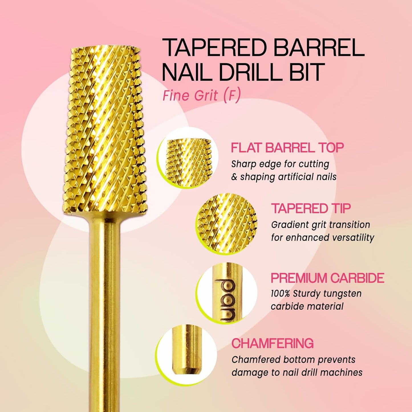 Premium Pana 3/32" Tapered Barrel Carbide Nail Bit -For Electric Dremel Drill Machine, Nail Art Design, Manicure, Pedicure, Nail File, Cuticle Clean etc. (Fine Grit- Gold)