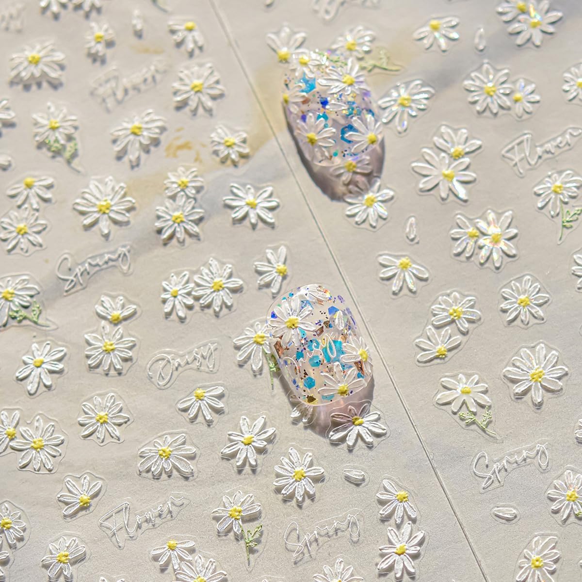 White Daisy Nail Stickers 5D Embossed Flower Nail Art Stickers Cute Daisy Nail Decals Self Adhesive Floral Nail Supplies Spring Summer Flowers Sticker for Women Manicure Sliders Decoration Kits