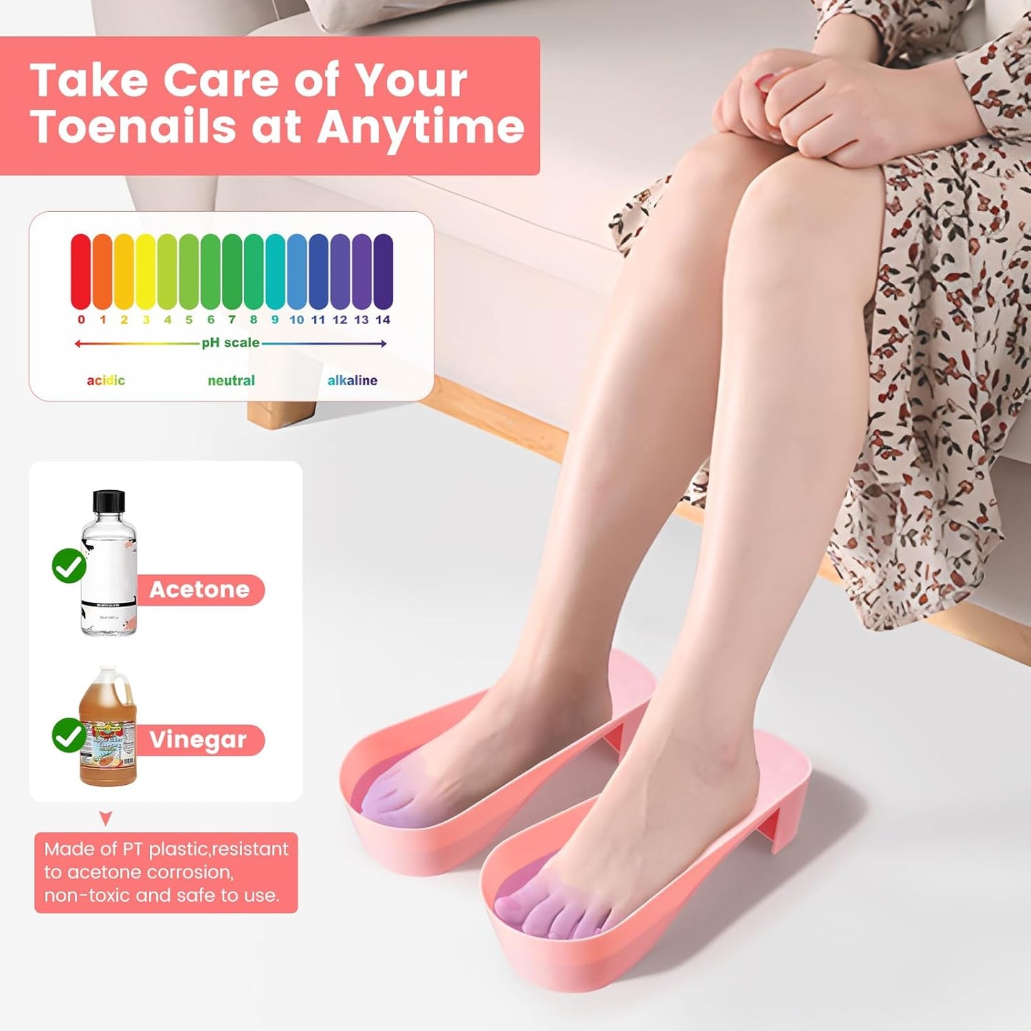 Toe Nail Soaking Bowl Acetone Proof: 1Pair Soak Off Dip Powder Gel Polish Remover - Manicure Bowl for Toenails Soaking with Cuticle Pusher, Cuticle Peeler, Nail File Buffer (Pink)