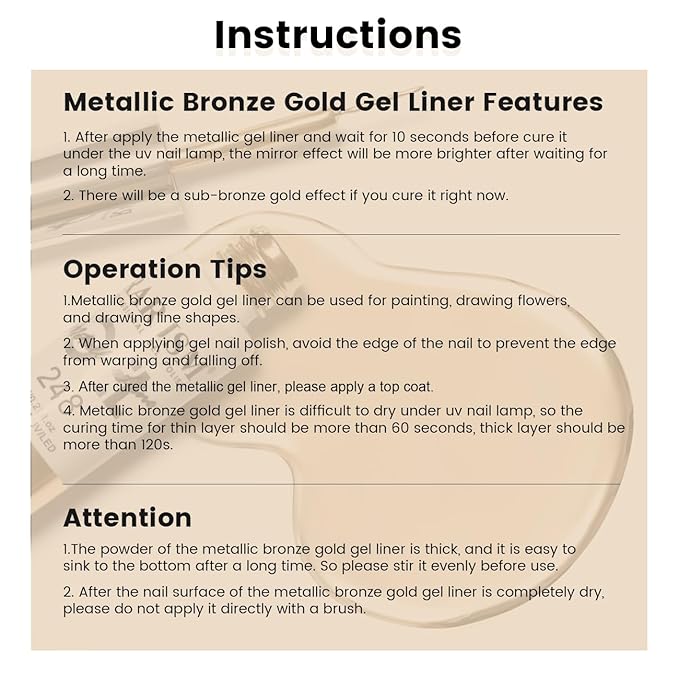 RARJSM Nail Art Gel Liner Metallic Bronze Gold and White 2pcs Set Mirror Chrome 3D Effect Gel Nail Polish 8ml Build in Thin Brush Swirl Drawing Stripper Gelpolish Curing Requires for Home Salon