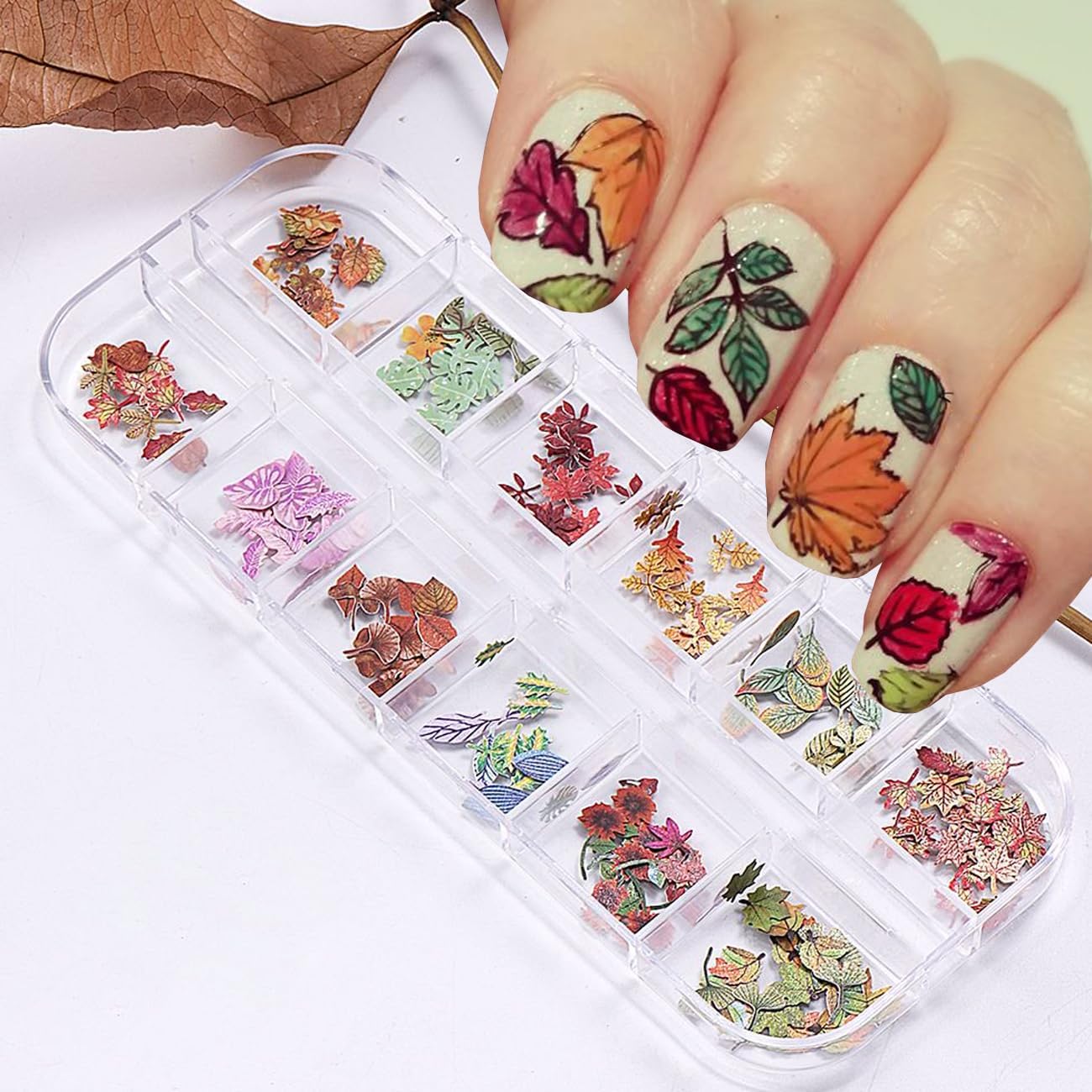 1Box Colorful Leaves Nail Art Flakes 3D Autumn Maple Leaf Wood Chip Slices Designs Nail Sequins Thanksgiving Glitter Nail Flakes Cute Leaf Maple Leaves Nail Sequin for Women DIY Manicure Crafts Decor