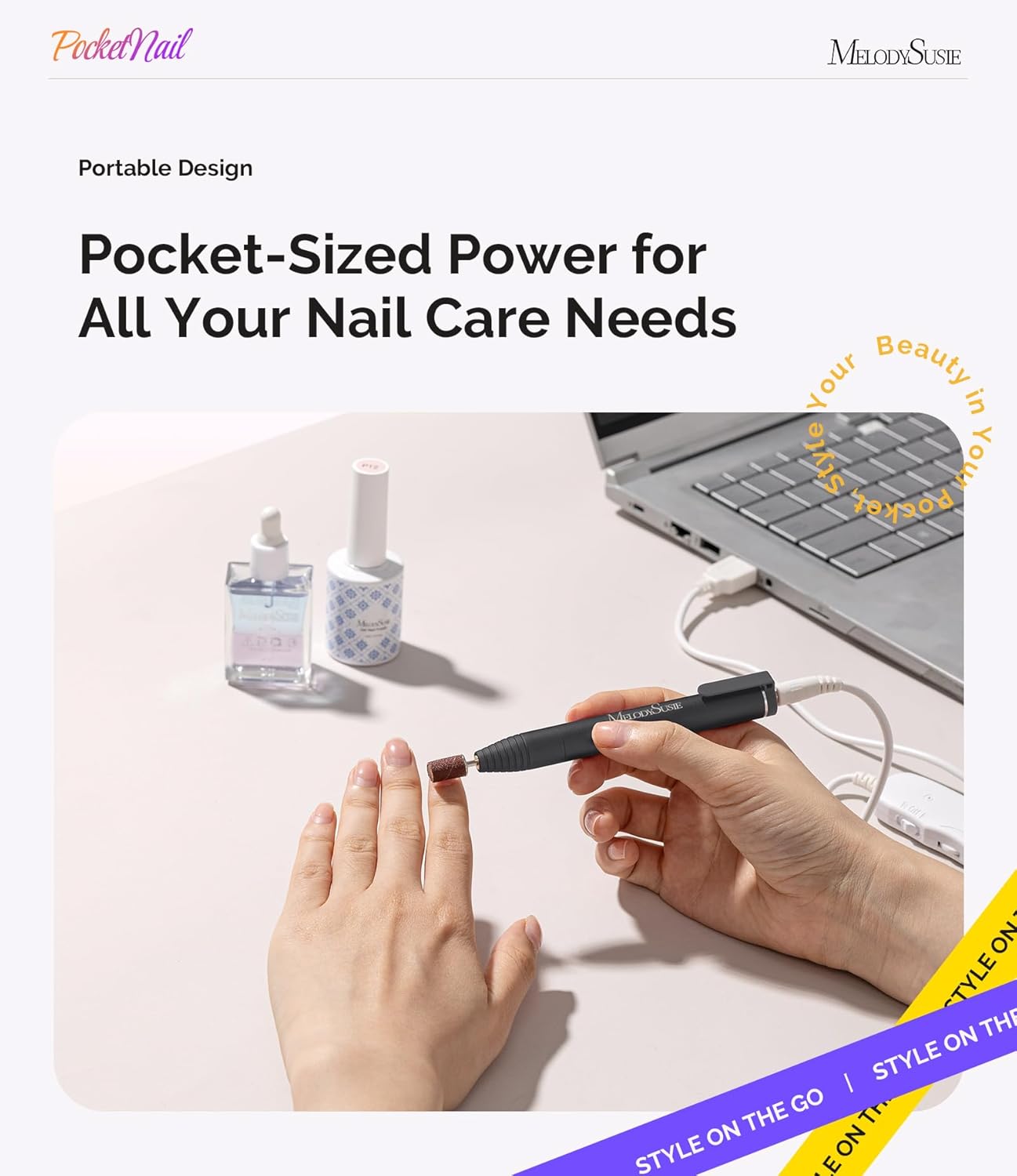 MelodySusie PocketNail Slim Ergonomic Pen-Shaped USB Nail Drill, PC100G 20000RPM Portable Electric File for All Manicure, Pedicure Nail Care, Shaping & Gel Removal at Home for Beginners