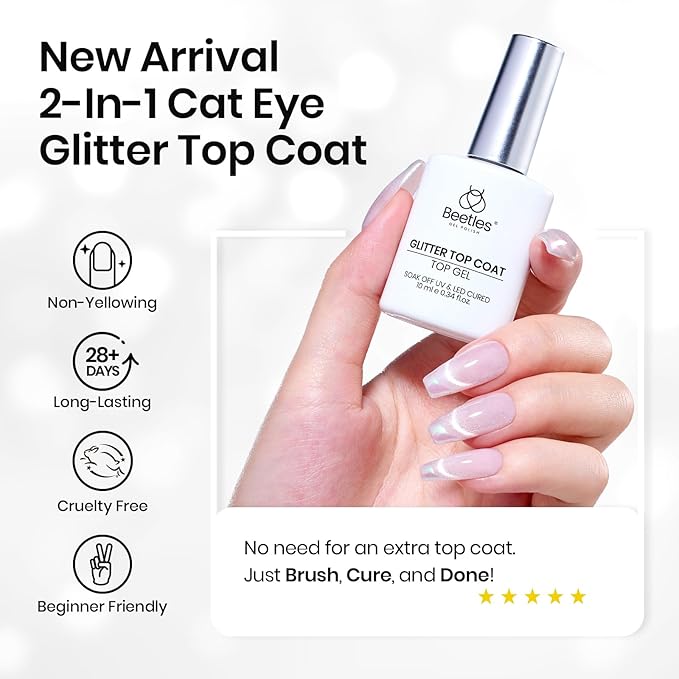 Beetles Cat Eye Gel Top Coat,2 in 1 Top Coat Gel Nail Polish & Cat Eye Magnetic Effect No Wipe - Shine Finish and Long Lasting, Soak Off LED Nail Lamp Nail Art Design Manicure Diy at Home
