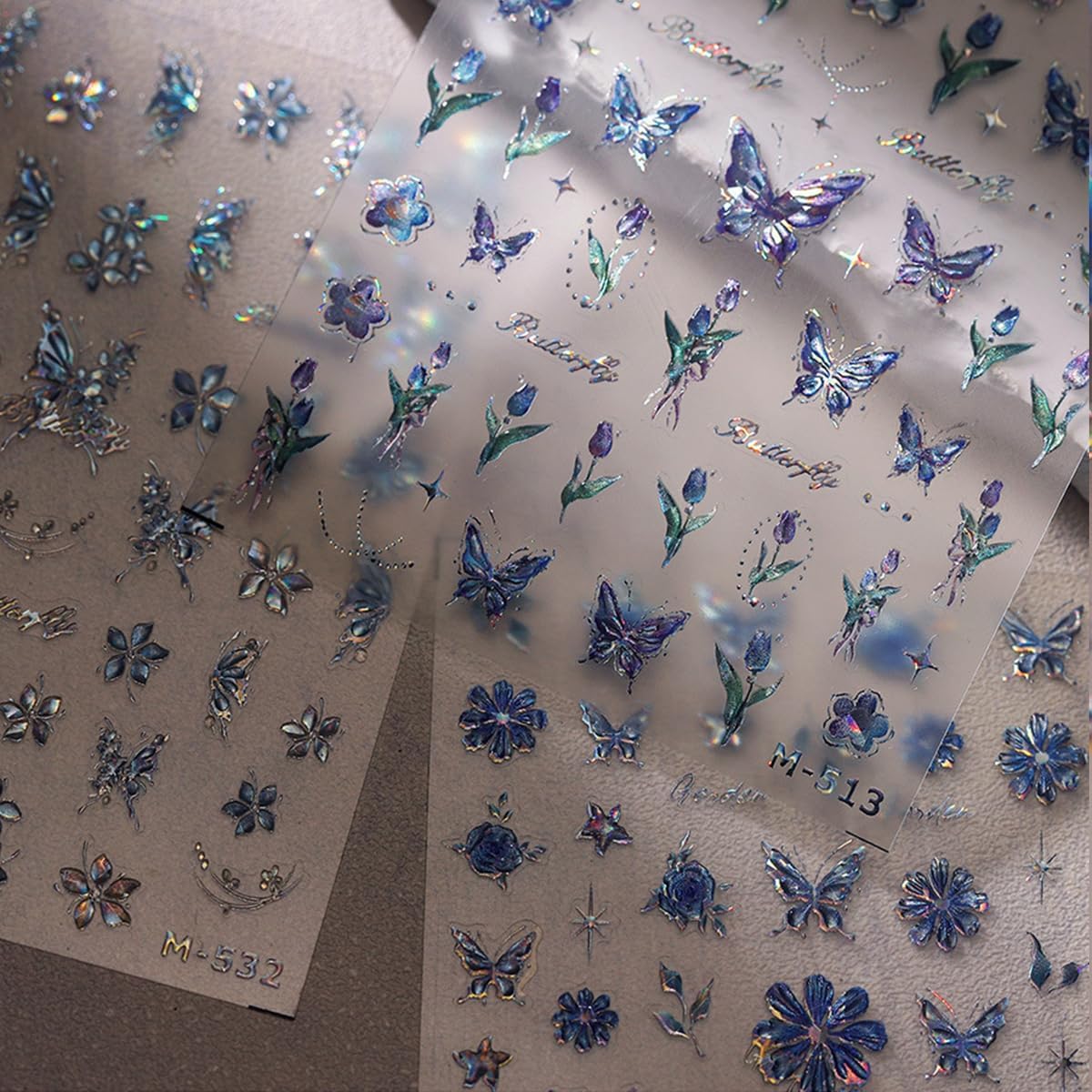 Butterfly Nail Art Stickers - Blue Butterflies, Flower Designs, 5D Embossed Decals, Shiny Accessories for Women & Girls. Great for Spring-Summer Nail Art Decoration
