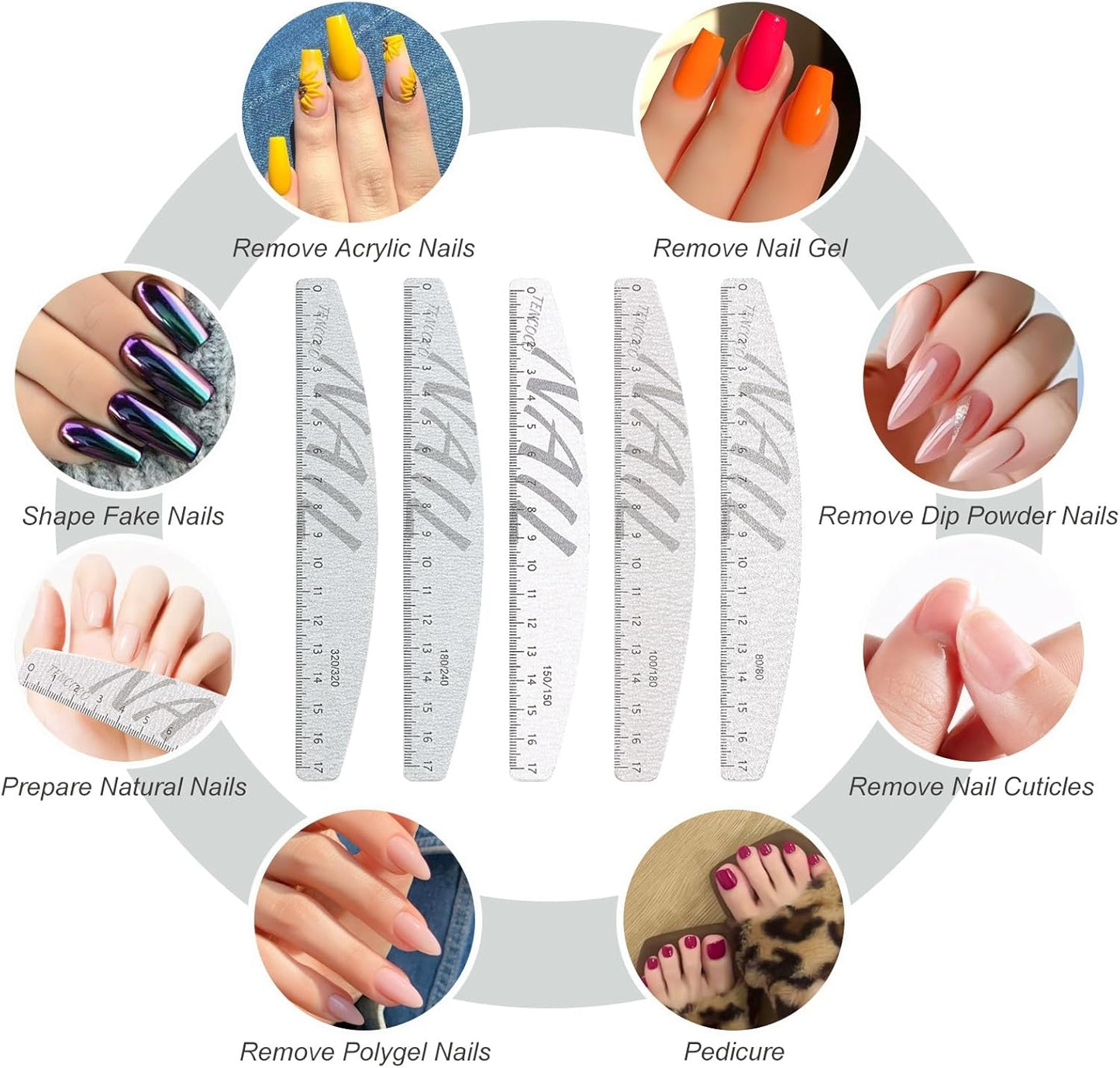 5Pcs 80/100/150/180/240/320 Grit Nail Files and Buffers with Measuring Scale Double Sided Emery Boards Washable Reusable Fingernail Coarse Files Professional Manicure Tools