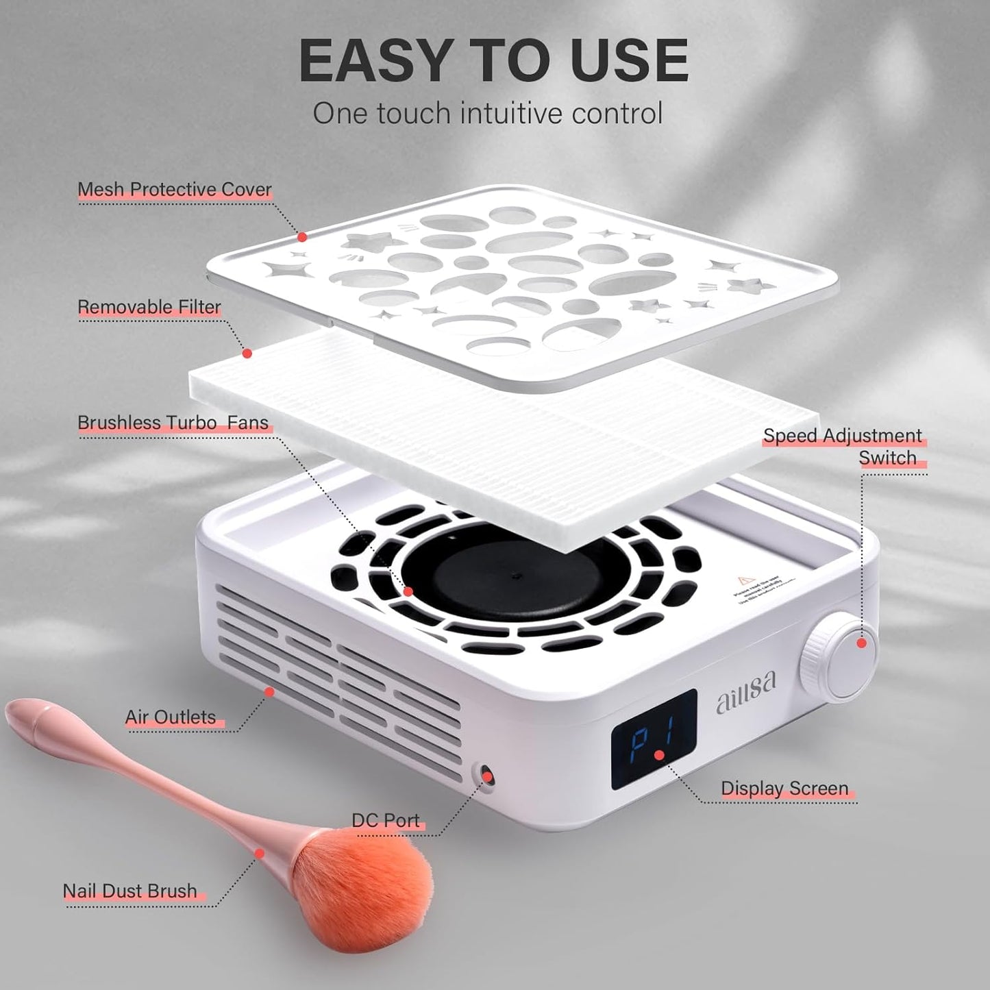 Aillsa Nail Dust Collector: Professional Powerful Suction Dust Collector Nail Tech Adjustable Speed with LED Display & Brush & Filter Paper Dust Collector for Manicure Salon & Home Use(White)