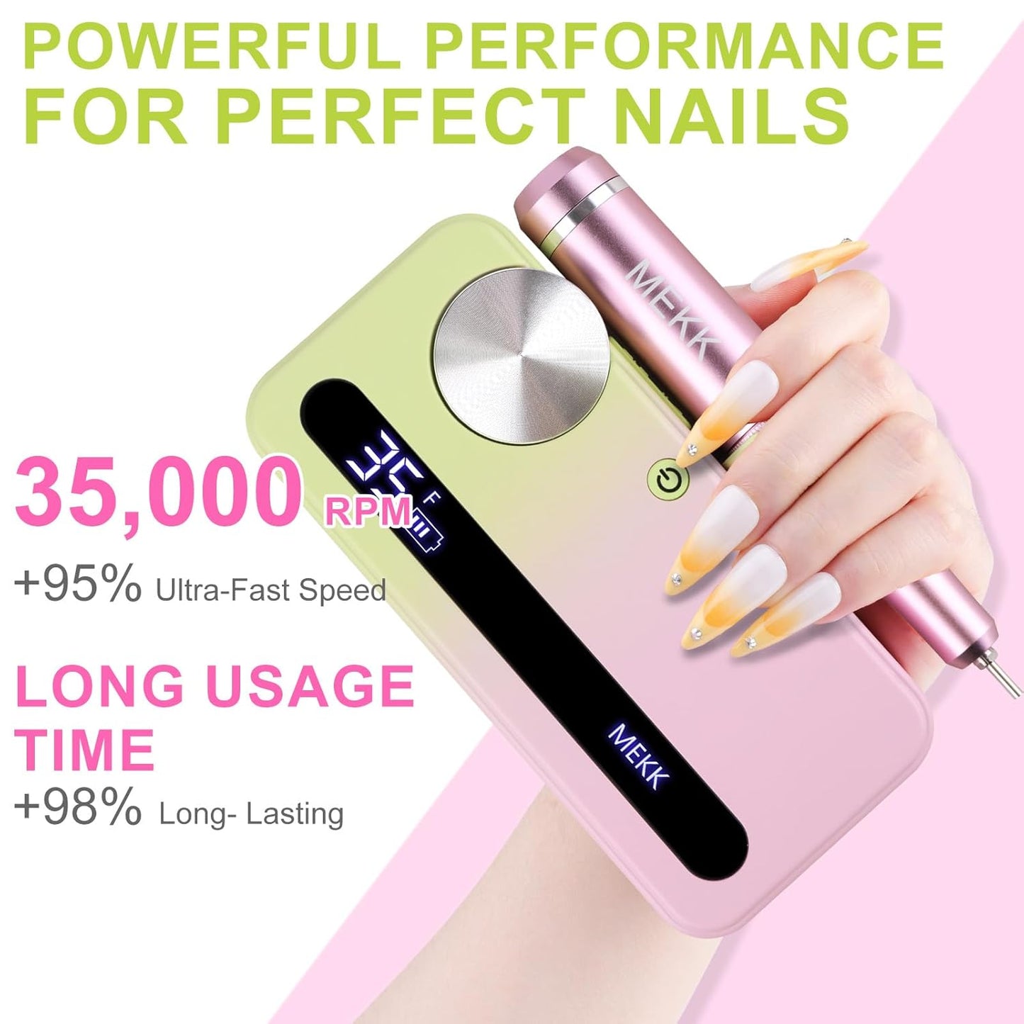 MEKK Nail Drill Kit,35000RPM Electric Nail Drill Professional Electric Nail File with 12PCS Bits,Anti-Shaking Cordless E Filer for Nails,Home & Salon(Pink-Green)