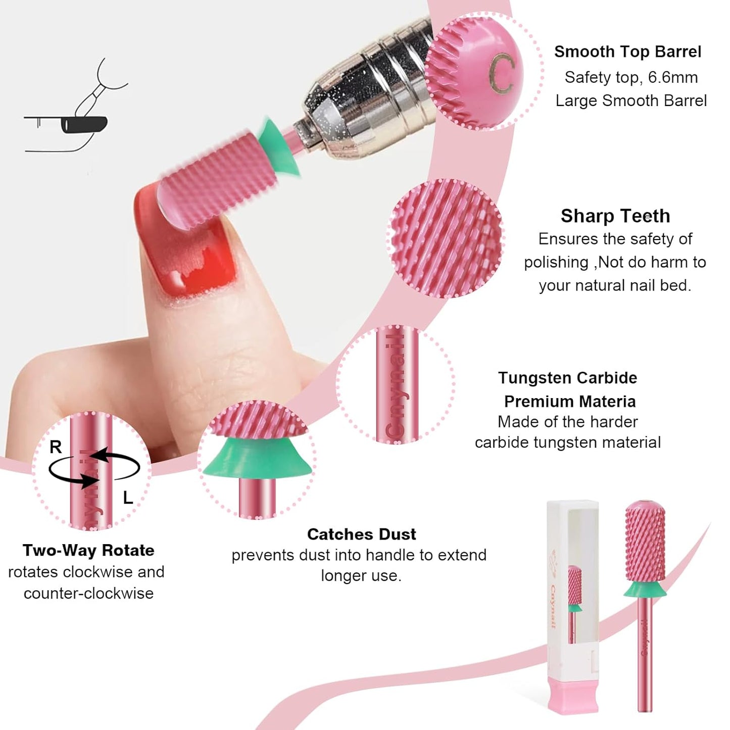 3/32" Large Barrel Smooth Round Top Tungsten Carbide Nail Drill Bit Safety for Gel & Acrylic Removal 2-Way Rotating Efile Tip Professional Salon Electric File Accessory (C Grit, Rose Red)
