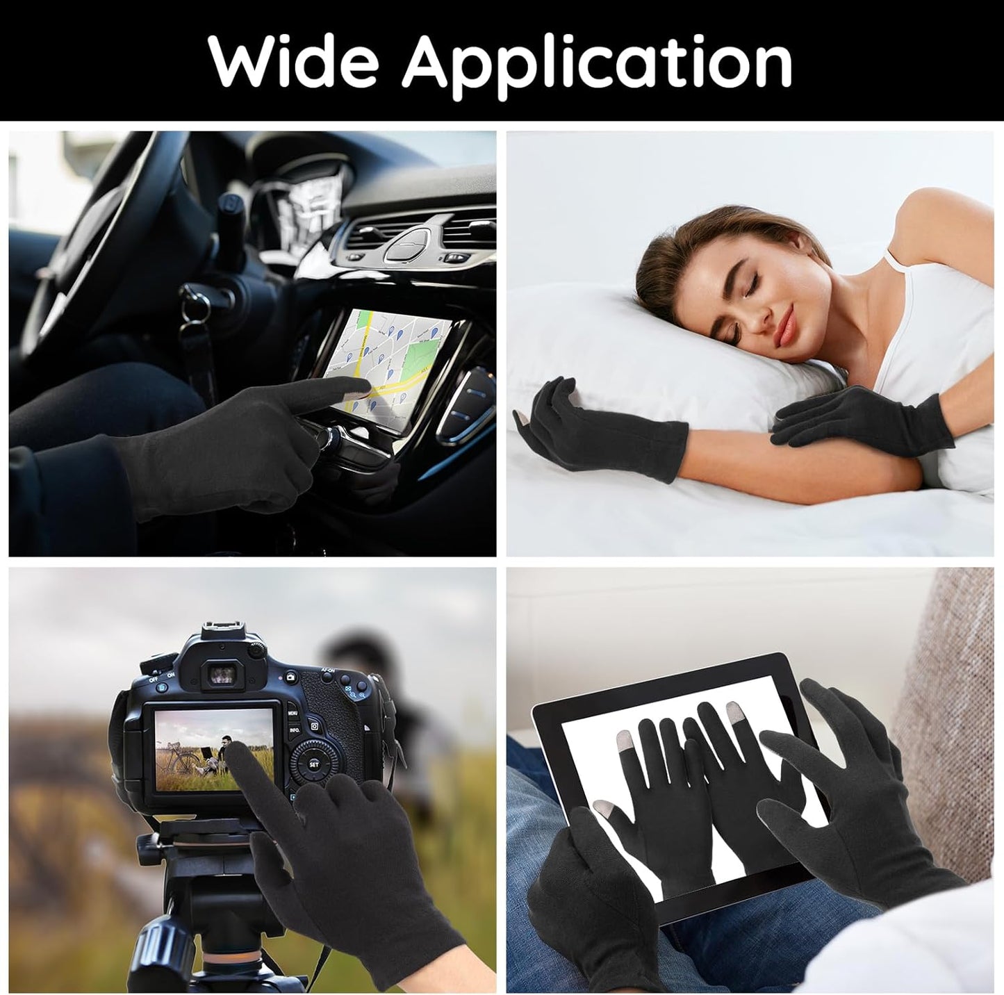 Segbeauty 12 Counts Touchscreen Black Cotton Gloves Black with Elastic Band, 6 Pair Touch Screen Hand Moisturizing Cotton Gloves for Dry Hands Sleeping Overnignt, Reusable Hand Care Spa Moisture Glove
