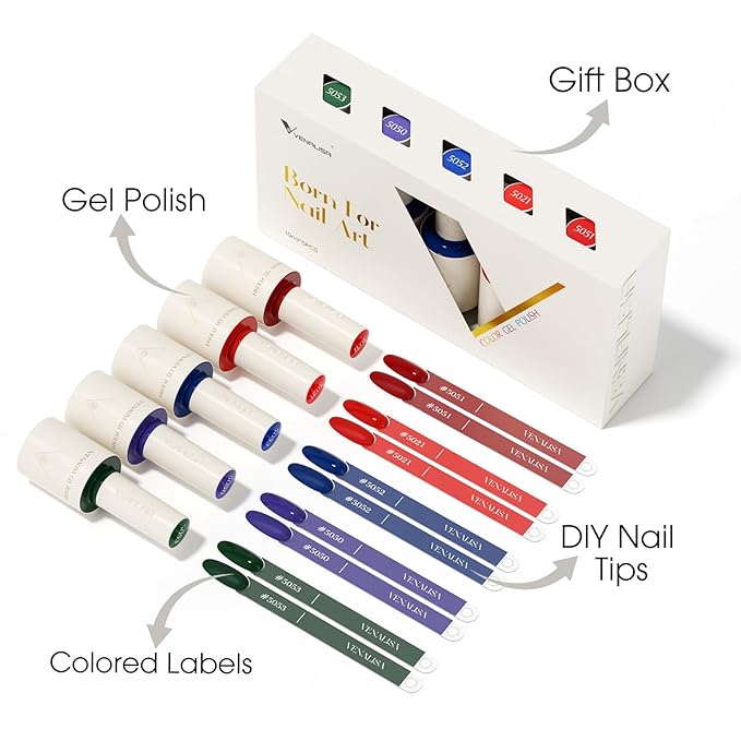 VENALISA 10 ML Gel Nail Polish Set with DIY Nail tips Kit, 5 Pcs Green Purple Blue Red Gel Polish Color High Gloss Soak Off U V Nail Manicure Salon DIY