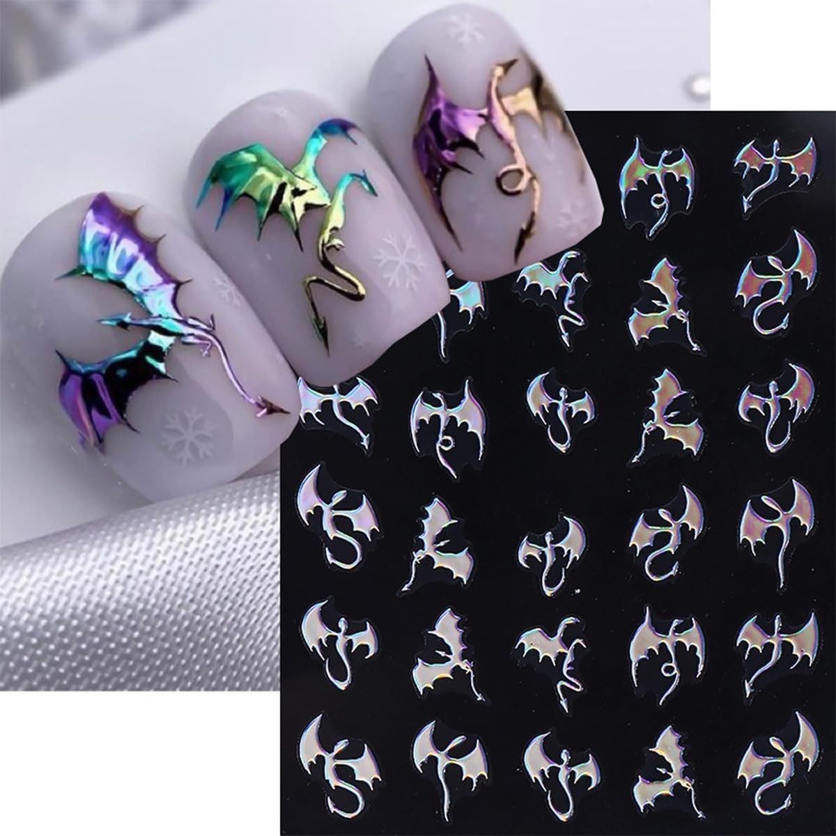 6 Sheets Halloween Bat Nail Stickers for Nail Art Glitter Laser Gold Silver Nail Decals 3D Self-Adhesive Gothic Dragon Nail Design Stickers Holiday Nail Art Supplies for Women DIY Women