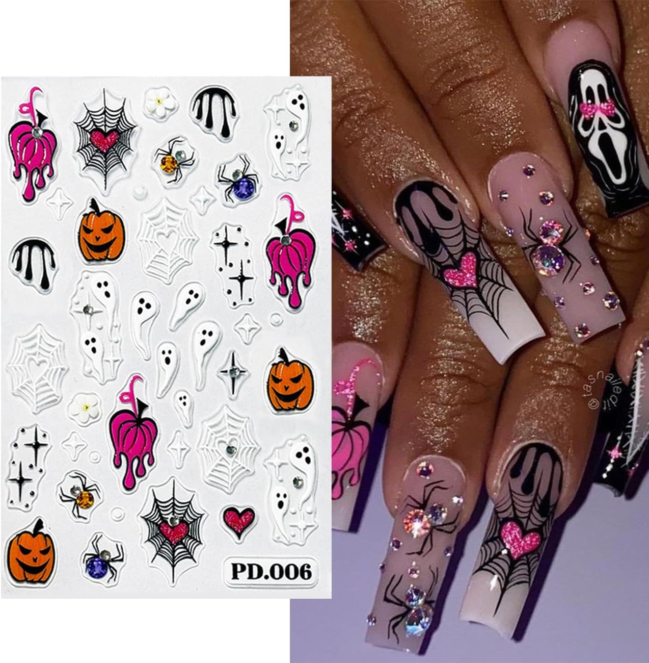 Halloween Embossed Nail Art Stickers -5D Cute Ghost Nail Decals for Nail Art Skull Spider Web Pumpkin with Rhinestones Design Self-Adhesive Nail Art Supplies Halloween Nail Decoration 4 Sheets