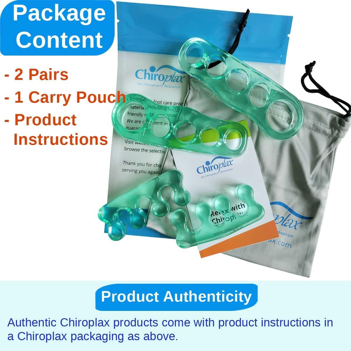 Chiroplax Gel Toe Separators Stretchers Spreader Spacer for Bunion Bunionette Relief Hammer Overlapping Toe Straightener Corrector(2 Pairs w/Pouch) (Mint Green)