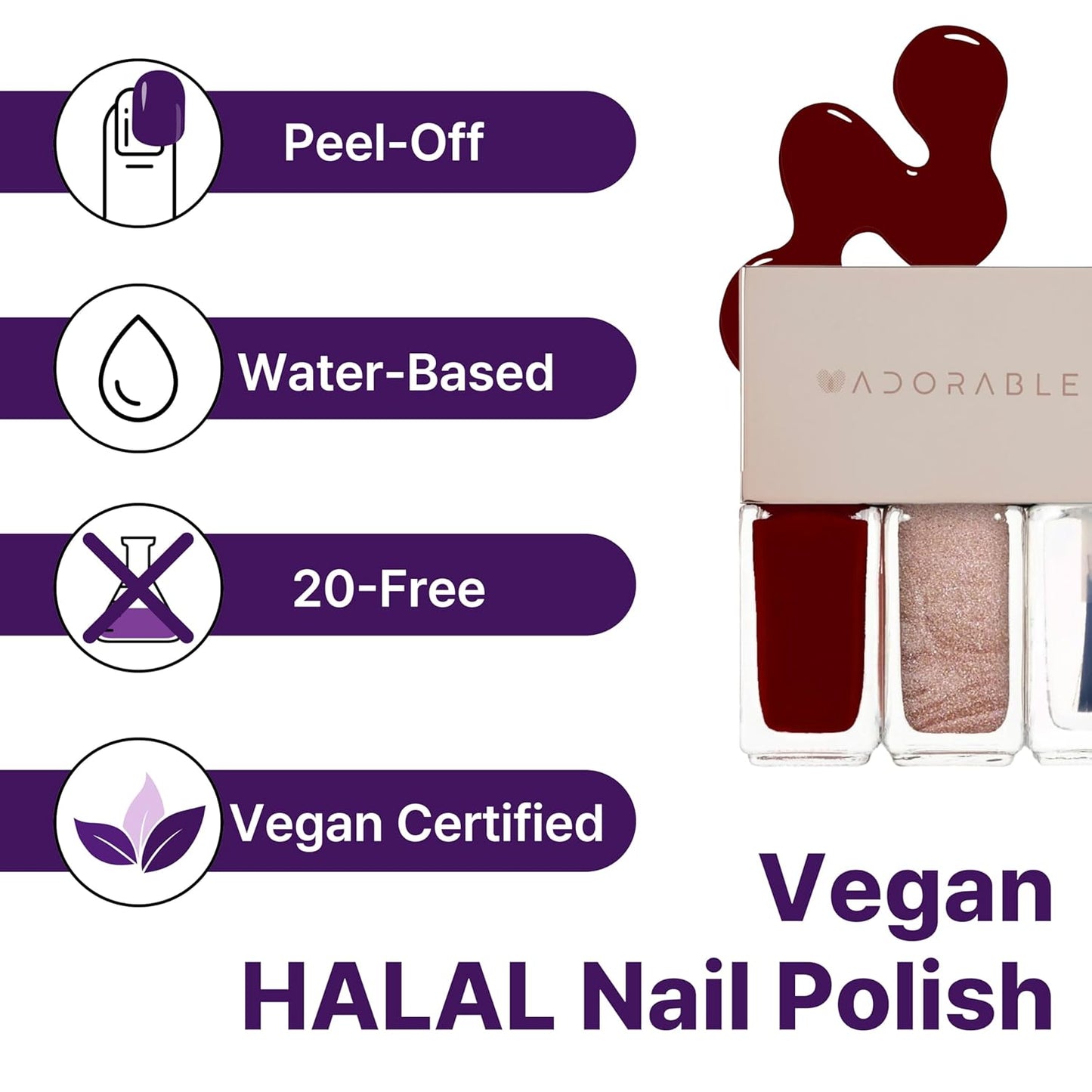 Breathable Halal Vegan Nail Polish – Water-Based 3pc Set (Burgundy + Metallic Rose Gold + Clear Top Coat) | Non-Toxic, Eco-Friendly, 0.51 fl oz