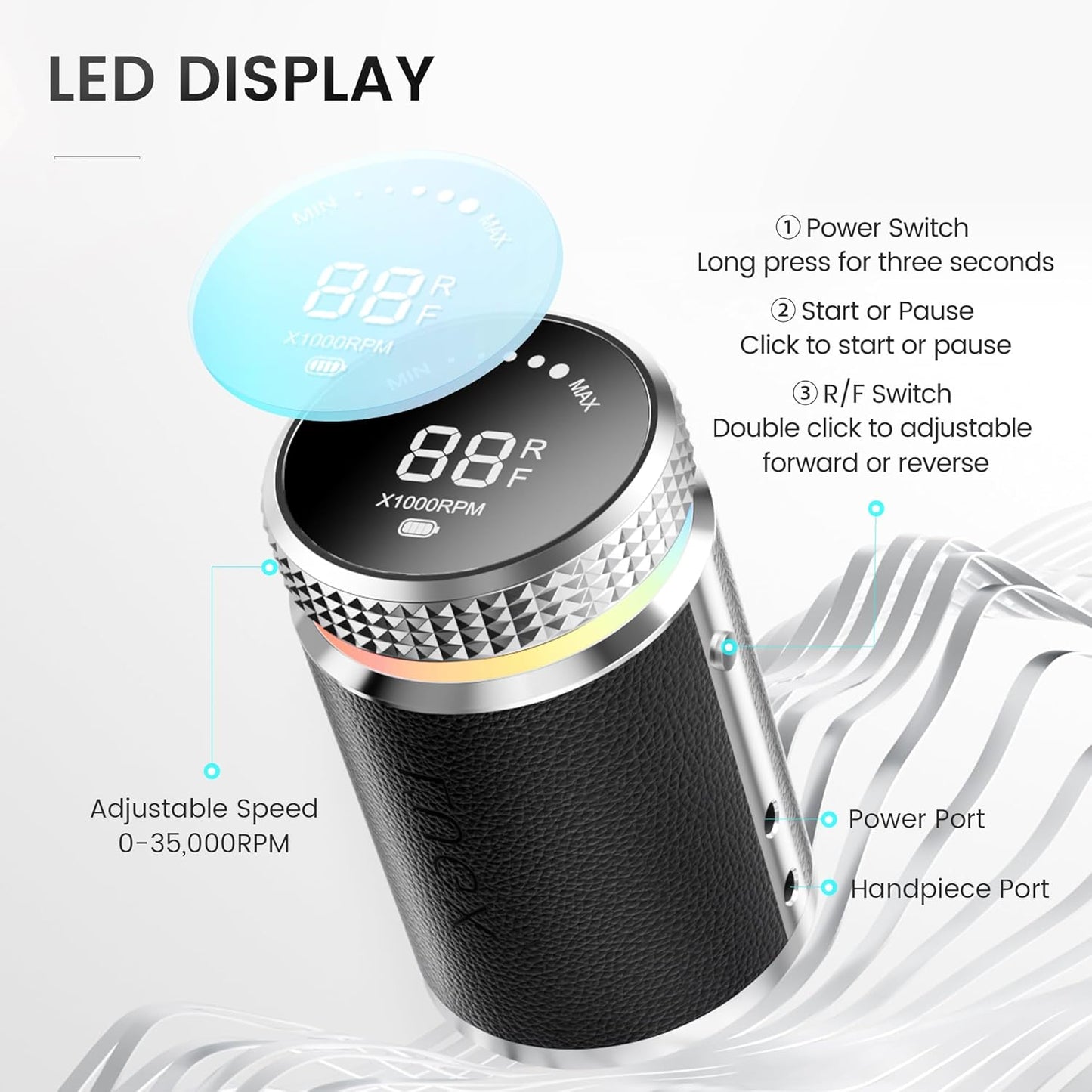 L'UGX Professional Nail Drill, Waterproof 35000RPM Brushless Nail Drill Machine, Rechargeable Nail Efile for Acrylic Gel Nails, Low Noise and Low Vibration, Black