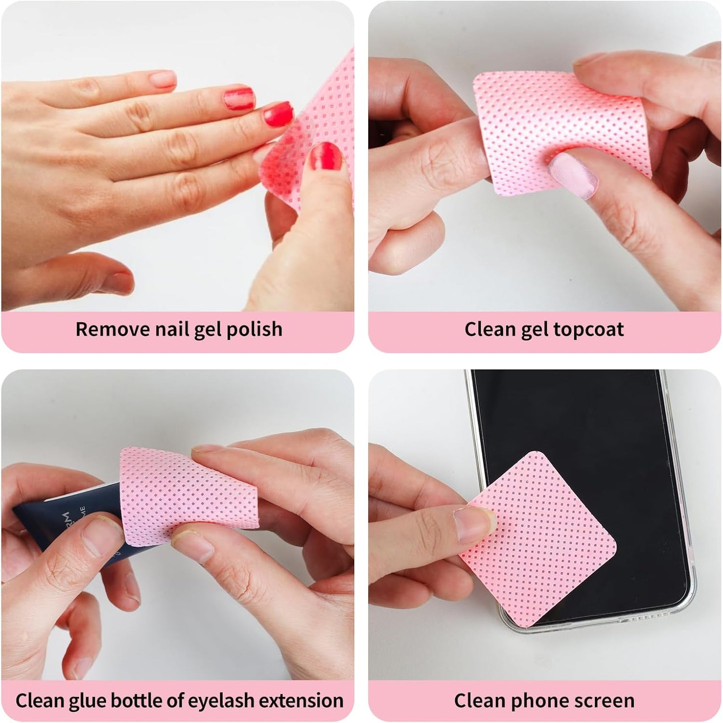 200 Pieces Nail Cotton Pads,1 Pull-Down Pump Dispenser Bottle, Super Absorbent Soft Non-Woven Eyelash Glue Wipes, Nail Polish dehumidifier for Eyelash Extension Products and Nail Oil Bottle (Pink)