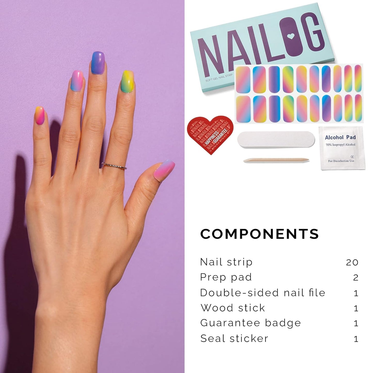 NAILOG Semi Cured Gel Nail Strips for Spring (20 Extra Long Polish Stickers/Wraps) │ Glossy & Long Lasting Soft Gel Finishing (Rainbow)