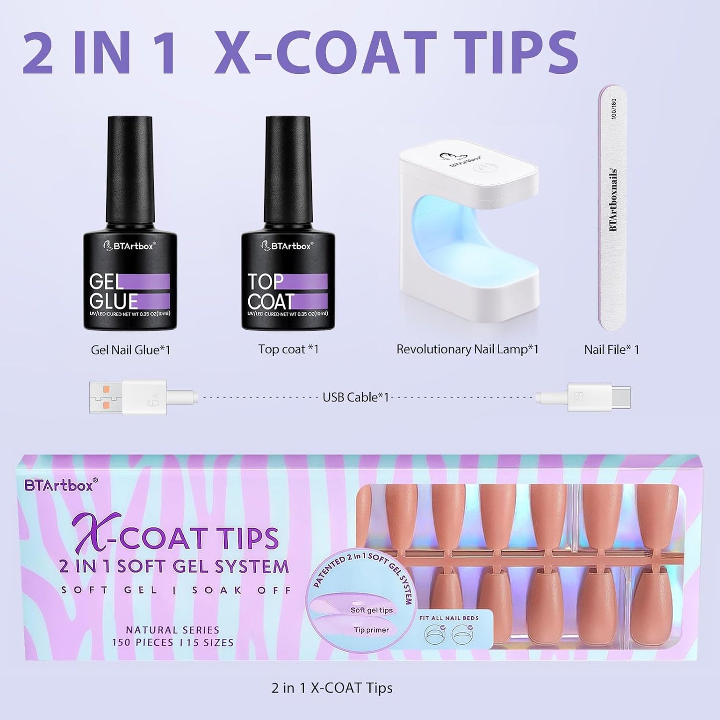 BTArtbox XCOATTIPS Gel Nail Kit - Medium Coffin Press on Nails Brown Pre-applied Tip Primer with Gel Glue and Top Coat, Fake Nails for Daily Nail Art