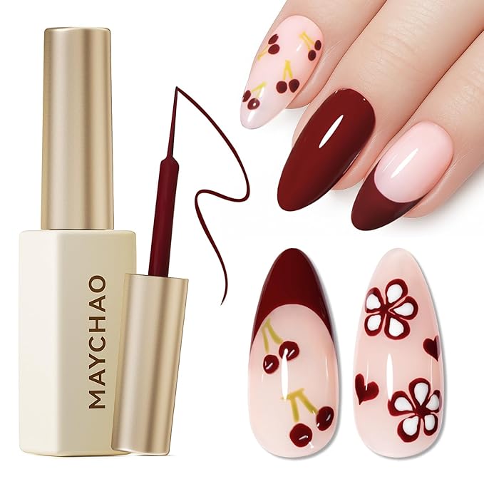 MAYCHAO Burgundy Swirl Gel Liner Nail Art Polish, 8ml Classic Burgundy Red Gel Color Built-in Thin Brush, UV Light Cure for French Nail Tips DIY Manicure at Home Salon