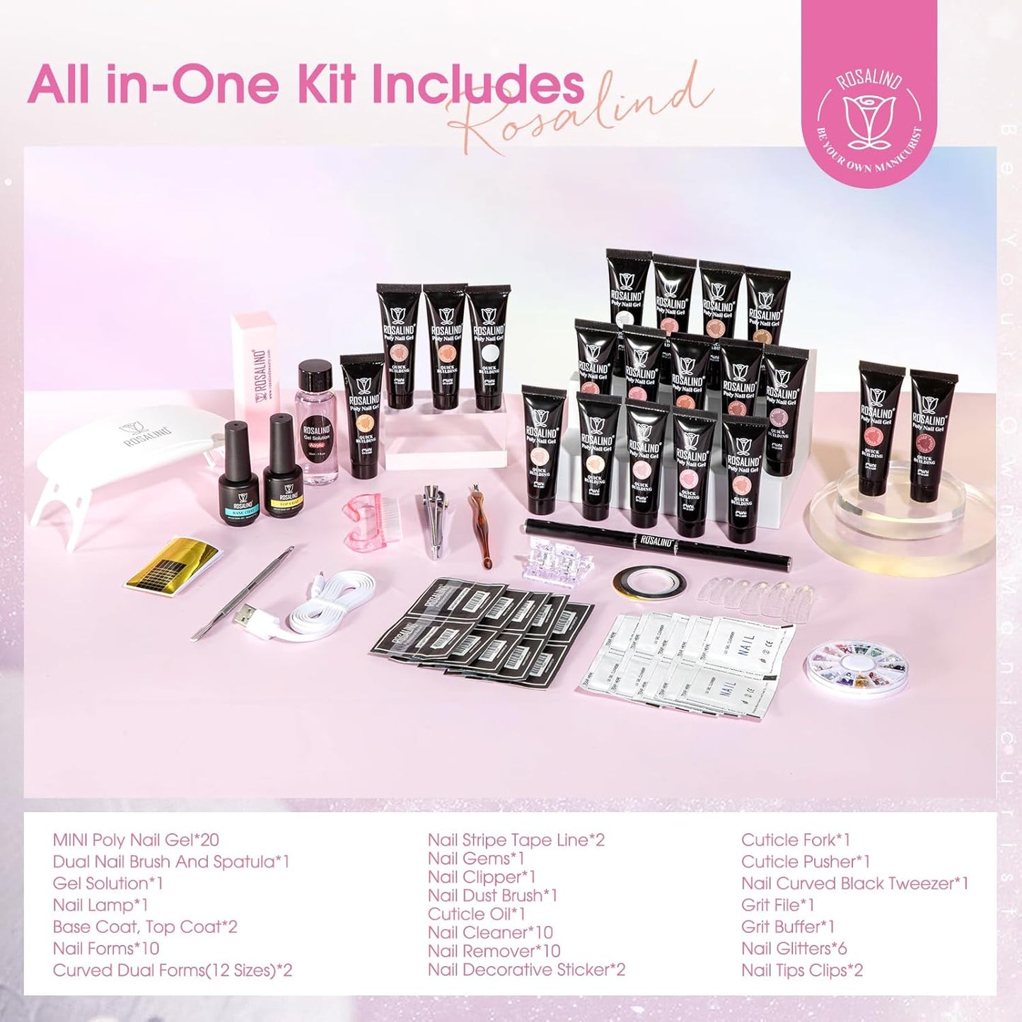 ROSALIND Light Pink Nude Poly Nail Gel Kit 0.34 oz/10 ml - 20 Colors White Brown Poly Extension Gel with Mini U V Lamp Builder Nail Gels Starter Kit with Nails Forms Base Coat Coat Beginners Set