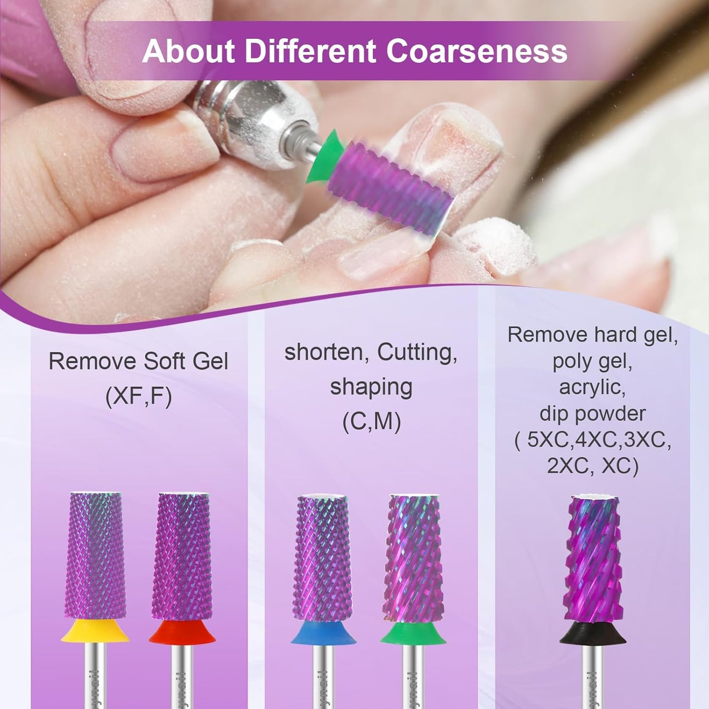 Cnynail 3/32" Large Tapered Barrel Flat Bit Tungsten Carbide Nail Drill Bit Safety Bit for Gel & Acrylic Removal, 2- Way Rotating Efile Tip, Salon Electric File Accessory (C Girt, Purple)