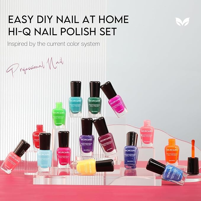 Morovan Nail Polish Set Fingernail: Shimmer Glitter Air Dry 15 Bright Colors 0.27oz Neon Regular Nail Polish Kit Finger Nail Set Gift for Women Spring Summer