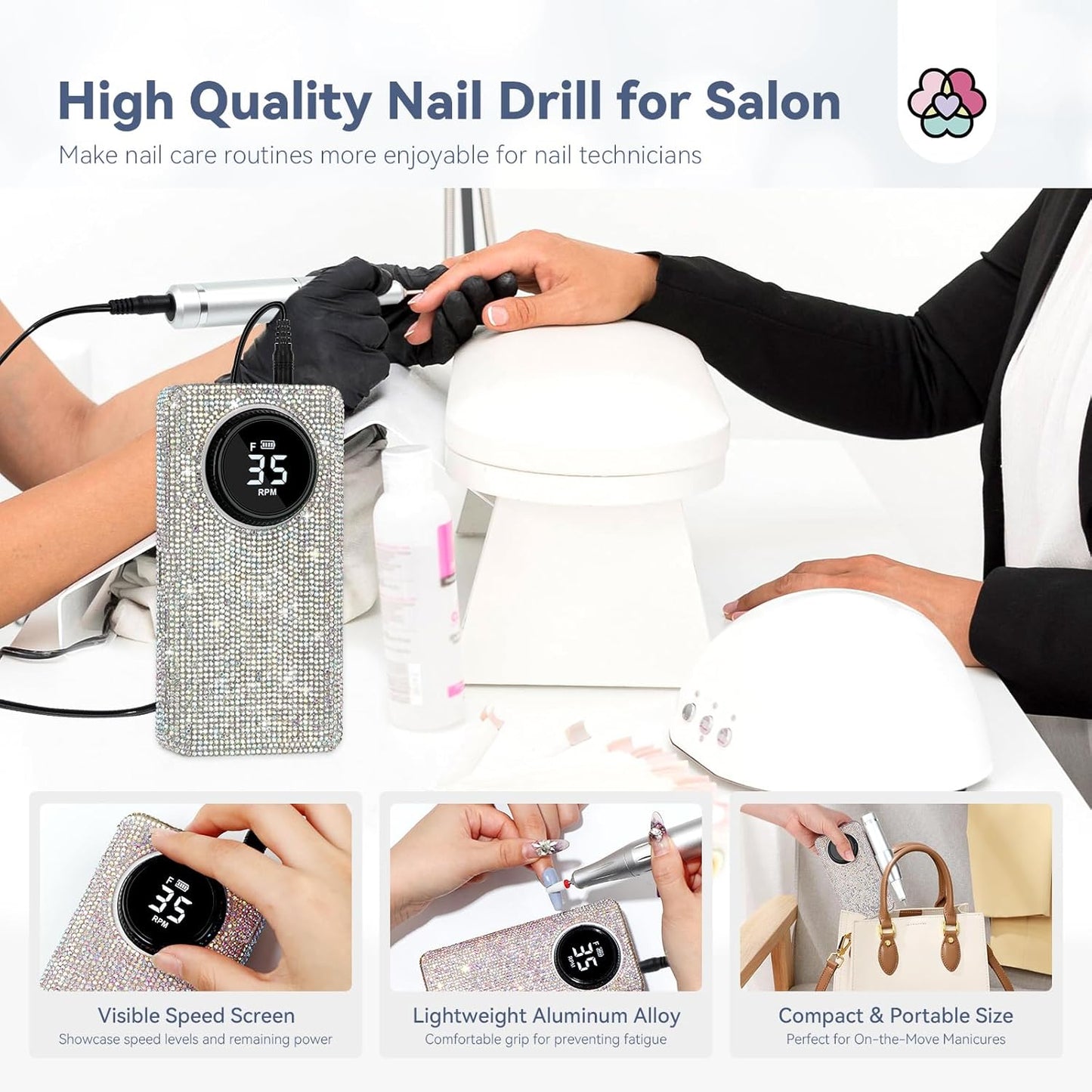 SAVILAND Professionl Nail Drill Kit: 35000RPM Rhinestones Nail Drill for Nails Electric Nail File Professional Portable Efile with Drill Bits Nails Filer Buffer Salon Home Manicure Pedicure