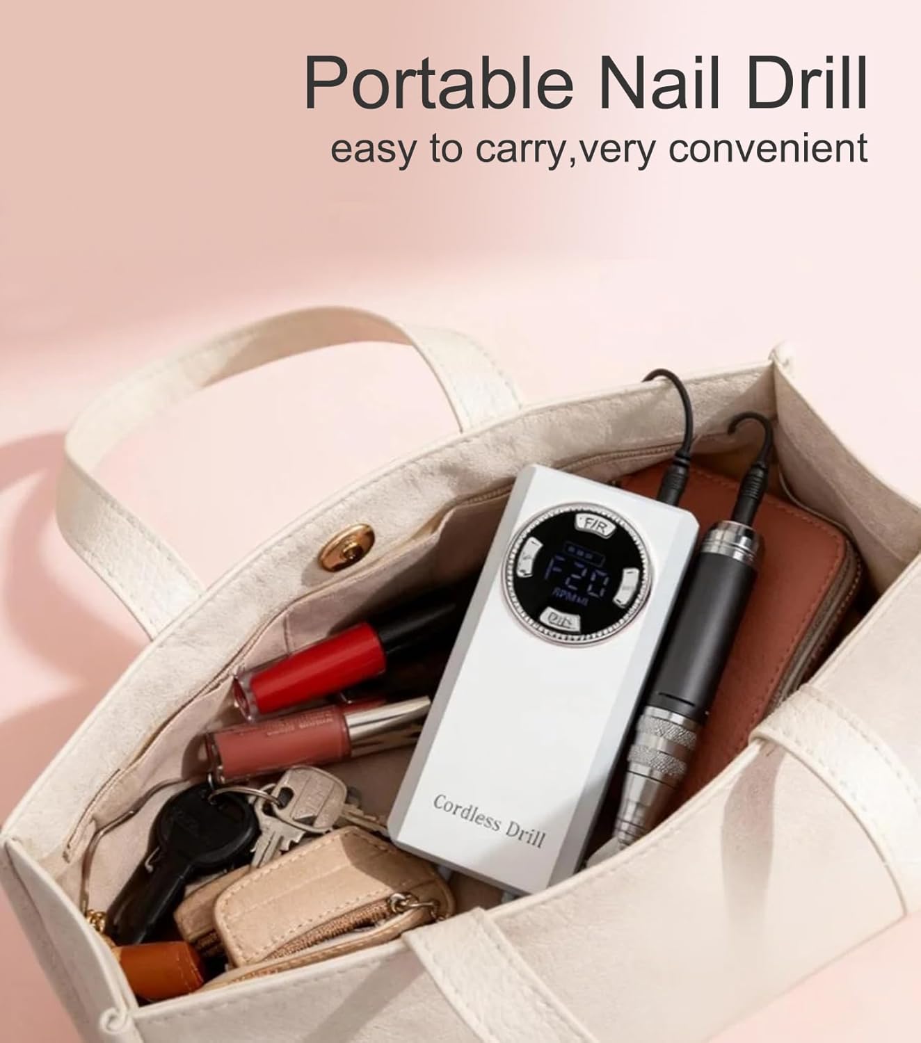 Lumcrissy 40000RPM Professional Electric Nail File Kit - Rechargeable Cordless Nail Drill for Acrylics Gel Nails, Portable Efile Machine with 6 Bits for Home Salon Manicure Pedicure Care (White)