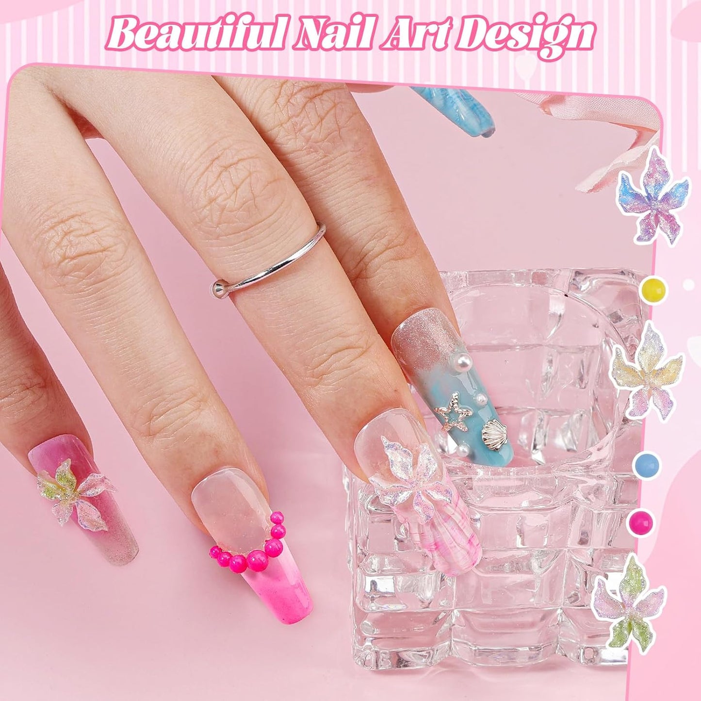 300Pcs Flower Nail Charms Kit, 100Pcs 3D Embossed Luminous Hibiscus Flowers Charms and 100Pcs Nail Pearls with 100Pcs Macaron Beads, Colorful Hawaii Floral Mini Gems Round Beads for Nails DIY