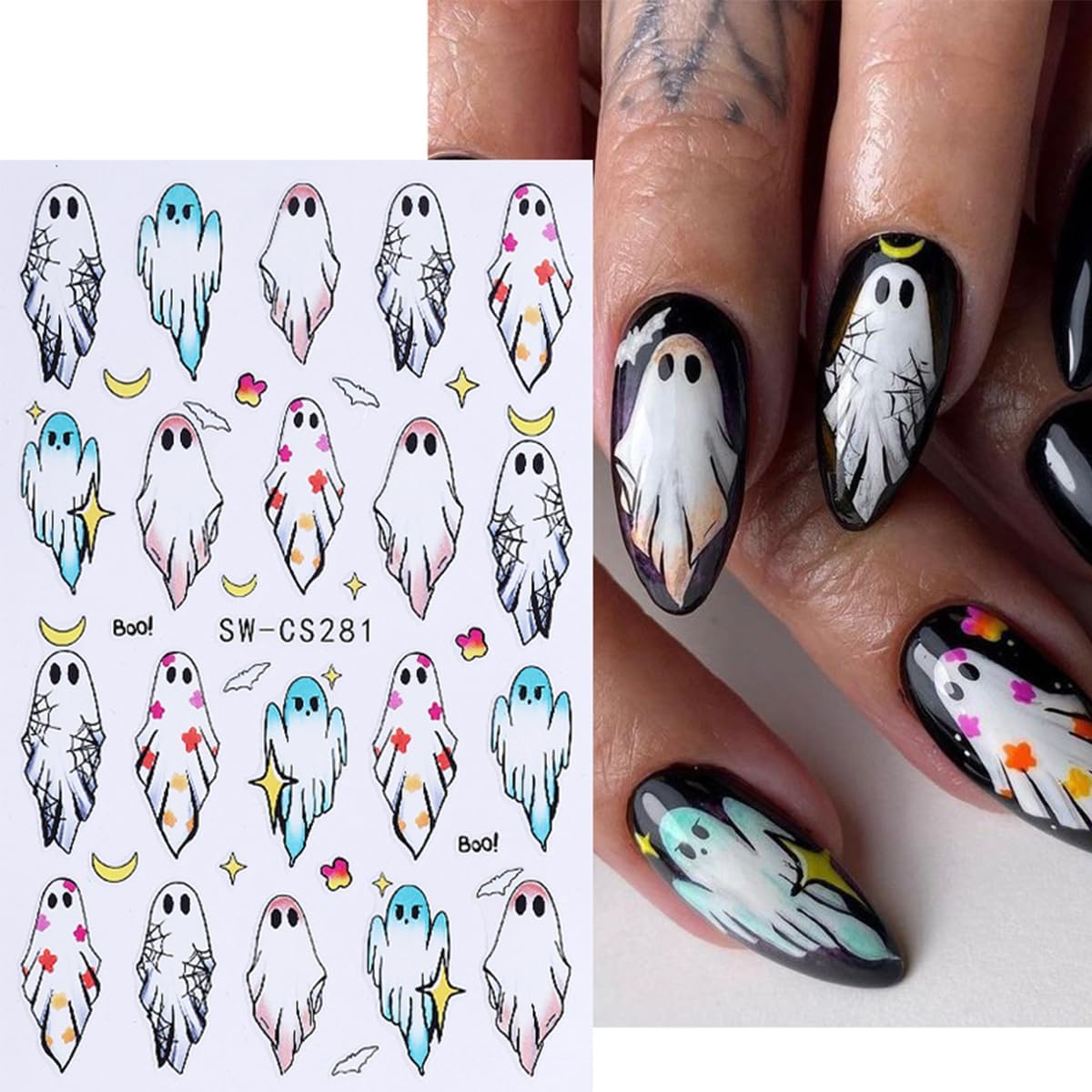 8 Sheets Halloween Nail Art Stickers Decals Cute Ghost Pumpkin Black Cat Bat Spider Web Design Nail Stickers Supply 3D Self-Adhesive Nail Decals for Halloween Party Nails Decoration DIY Manicure Tips