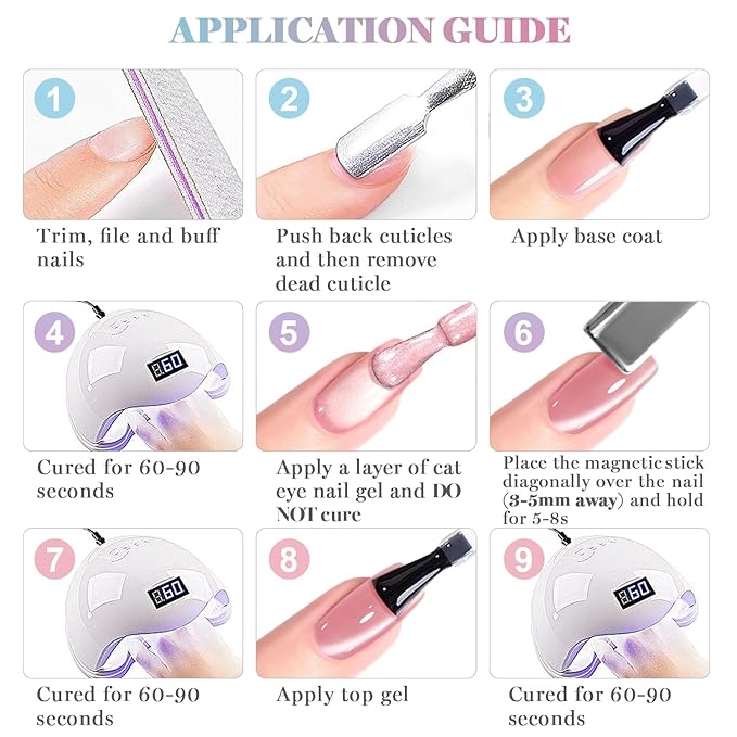 RARJSM Pastel Cat Eye Gel Nail Polish Set 6 Pcs Smoothie Ceramic Silver White Glitter Shimmer Purple Blue Green Nude Rose Pink Velvet Cateye Gel Polish with Magnetic Stick Soak off Curing Require